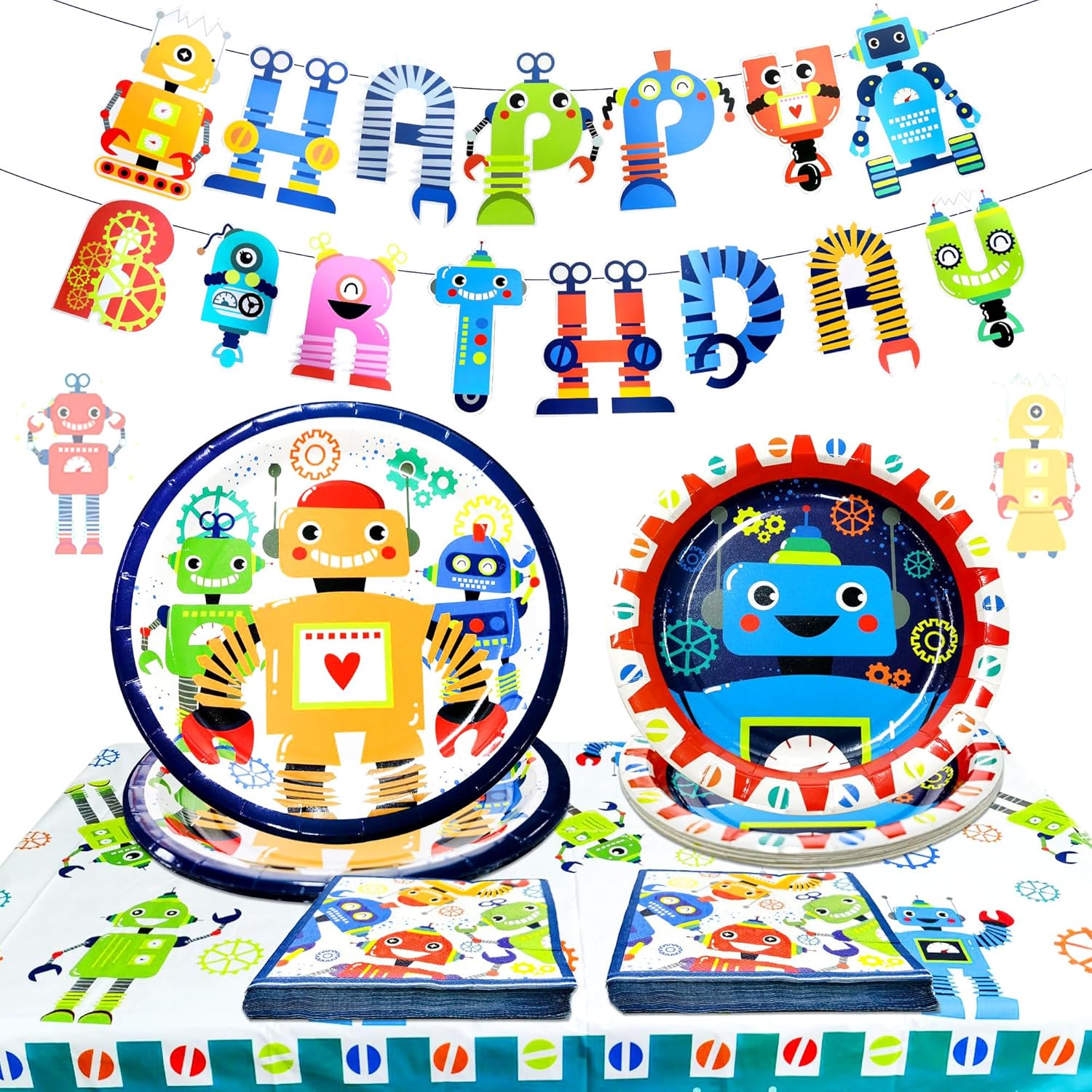 LaVenty Robot Birthday Party Pack - 34 Piece Set Including Banner, Plates, Napkins & Decorations