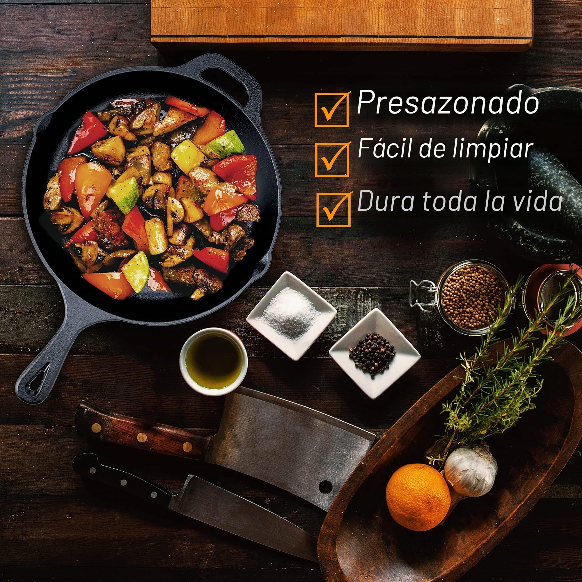 Sartén/Sartén Redondo de Hierro Fundido Presazonado de 12 pulgadas/30 cm | Apto Para Horno | Cocina al Aire Libre | Juego de Accesorios de Silicona Incluido