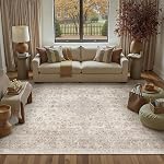 PureCozy Beige Area Rug 8x10 Washable Vintage Carpet for Living Room Bedroom Large Soft Retro Low Pile Thin Indoor Rug Non Slip Oriental Medallion Tapis Salon for Dining Room Office