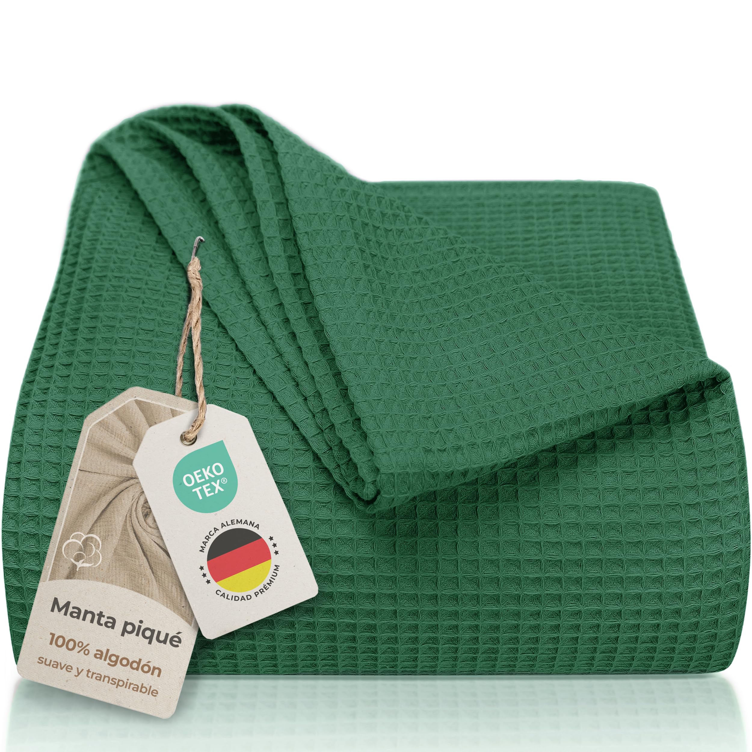 LAYNENBURG Blanket for Sofa Summer 150 x 200 cm - Waffle Pique 100% Cotton - Lightweight Summer Cotton Blanket as a Bed Blanket, Sofa Blanket - Airy Sofa Blanket (Dark Green) OEKO-TEX STANDARD 100