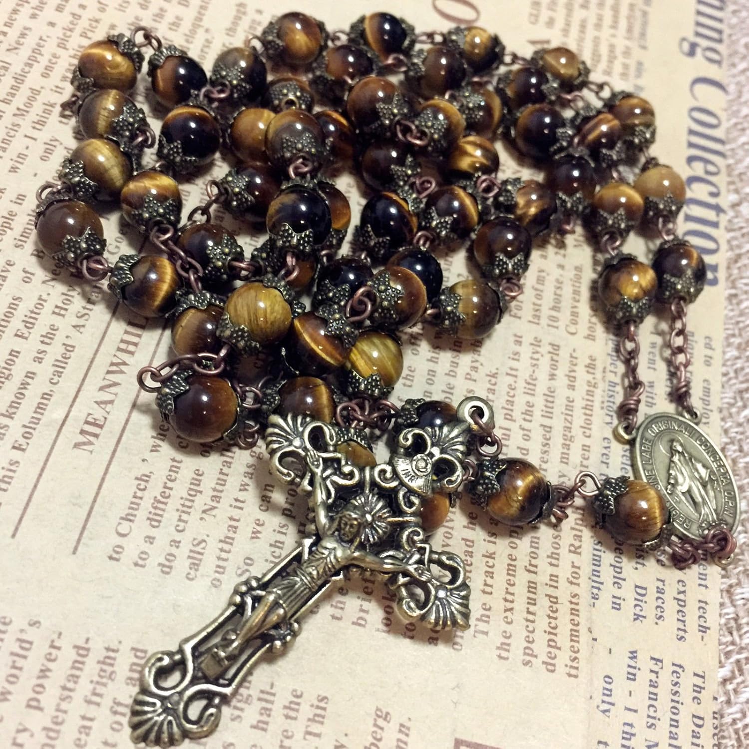 elegantmedical HANDMADE Tiger Eye Beads 5 DECADE ROSARY Bronze CROSS CATHOLIC NECKLACE GIFT - Image 9