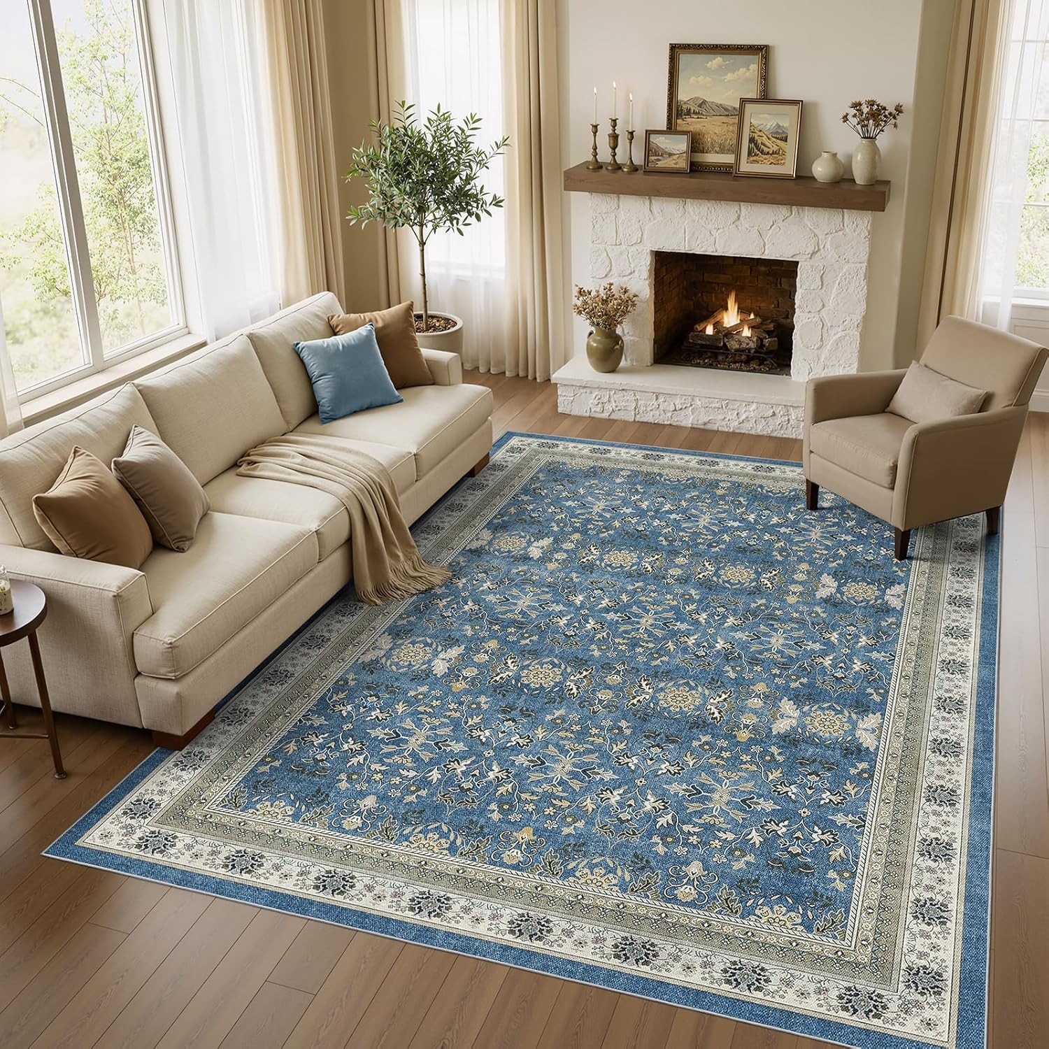 WITSHOCK Living Room Rug Vintage Distressed Oushak Boho Farmhouse Retro Antique, Dining Room Rugs for Under Table, Bedroom Nursery Playroom, Ultra Soft Non-Slip Washable Stain Resistance, Blue