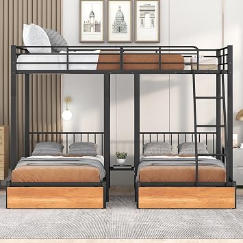 Merax Full Over Twin & Twin Triple Bunk Bed, Black Metal Bed Frame with Drawers and Guardrails