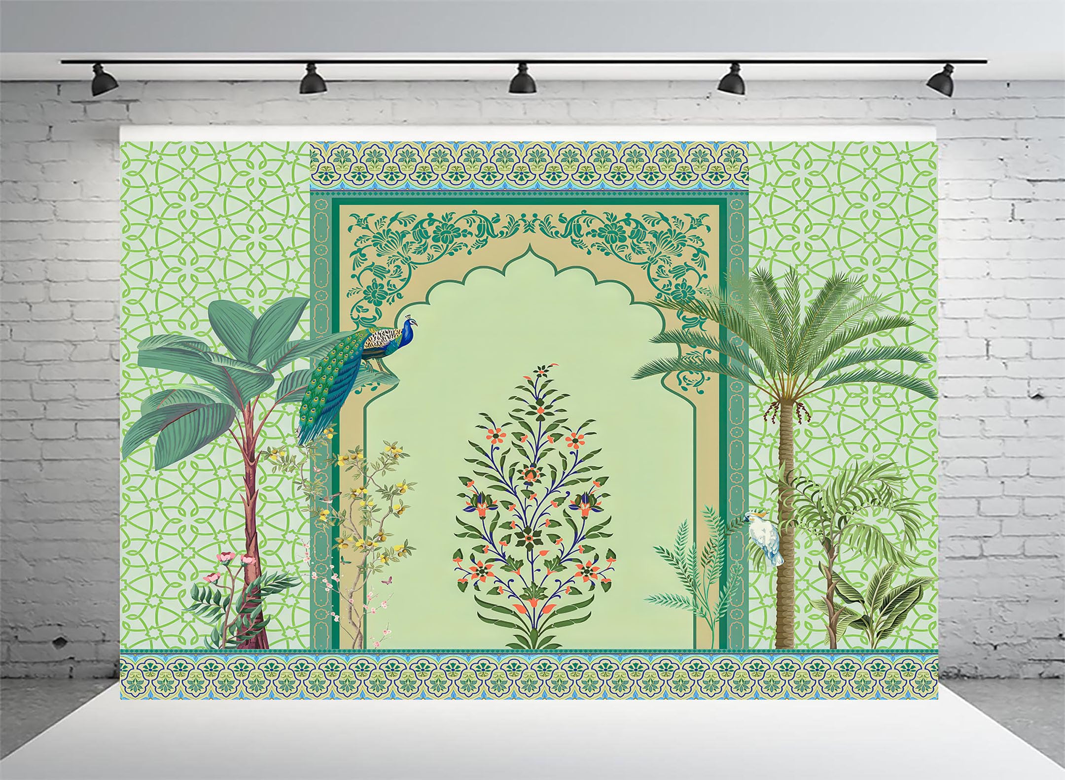 UL Green Peacock Garden Backdrop Cloth 8x10 ft – HD Printed Polyester Wedding & Pooja Mandap Decoration Background with Curtain Rod Loop | Washable Traditional Stage & Festival Backdrop-image-47
