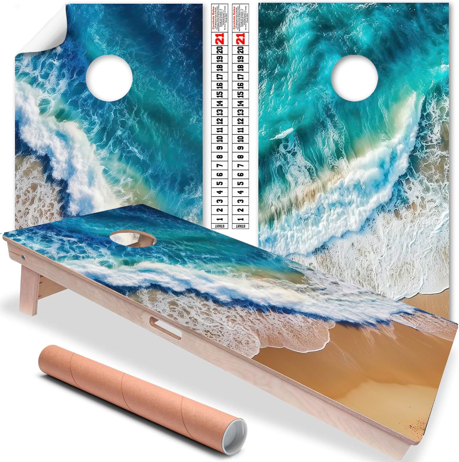Cornhole Board Wraps and Decals for Boards Set of 2 Skins Professional Vinyl Covers Sticker Blue Waves Beach House Cornhole Wraps Stickers Cornhole Skins Cornhole Wraps for Boards