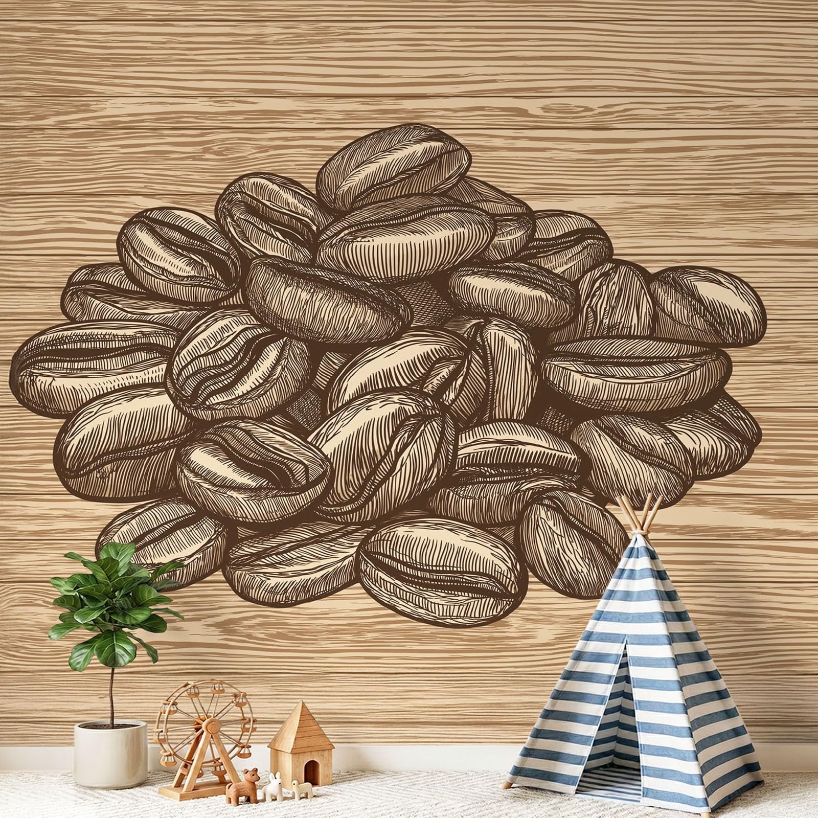 Papier peint panoramique premium effet bois et café vintage pour décoration murale