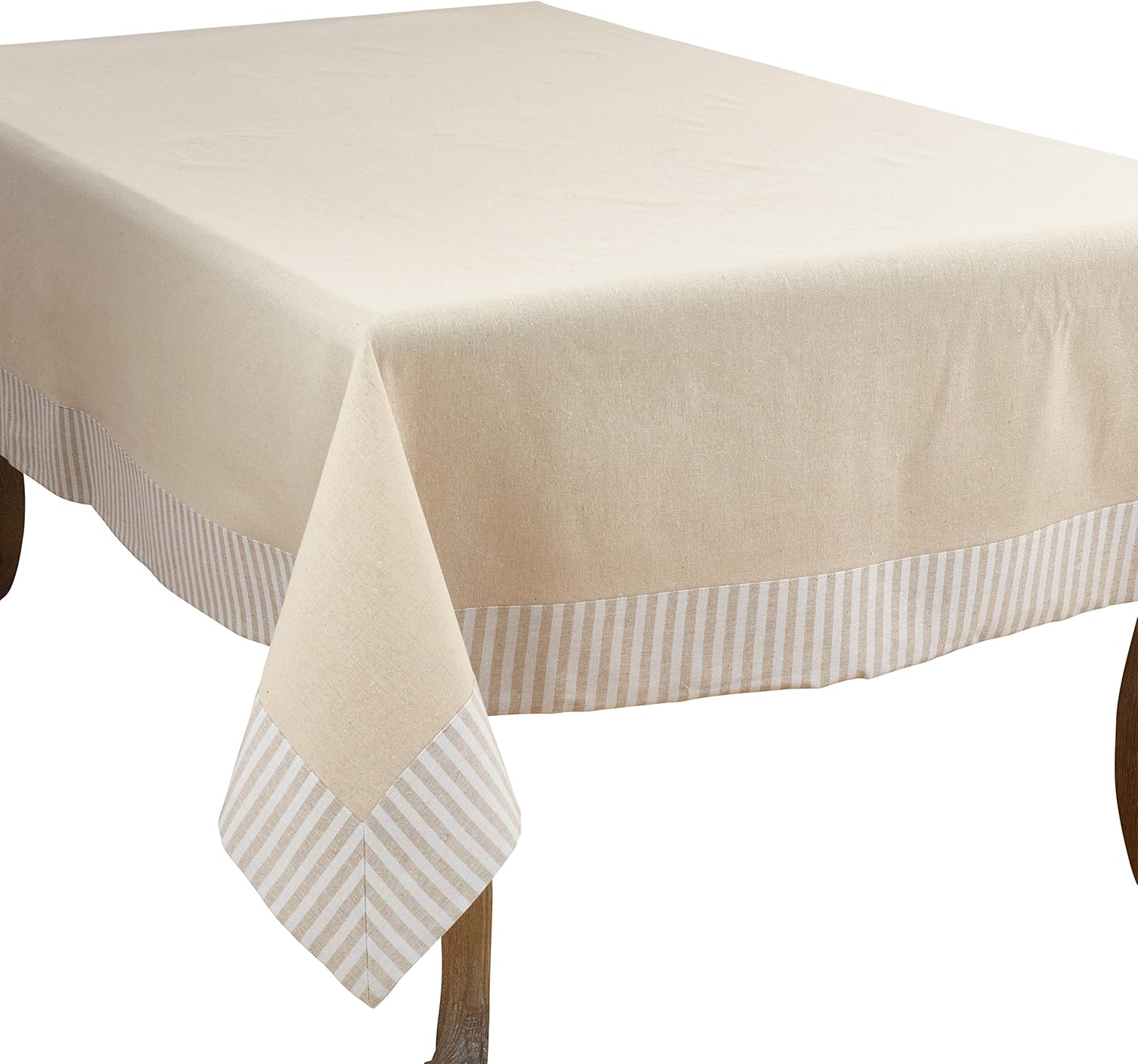 SARO LIFESTYLE Dupont Collection Striped Border Design Cotton Linen Tablecloth, 70" x 140", Natural