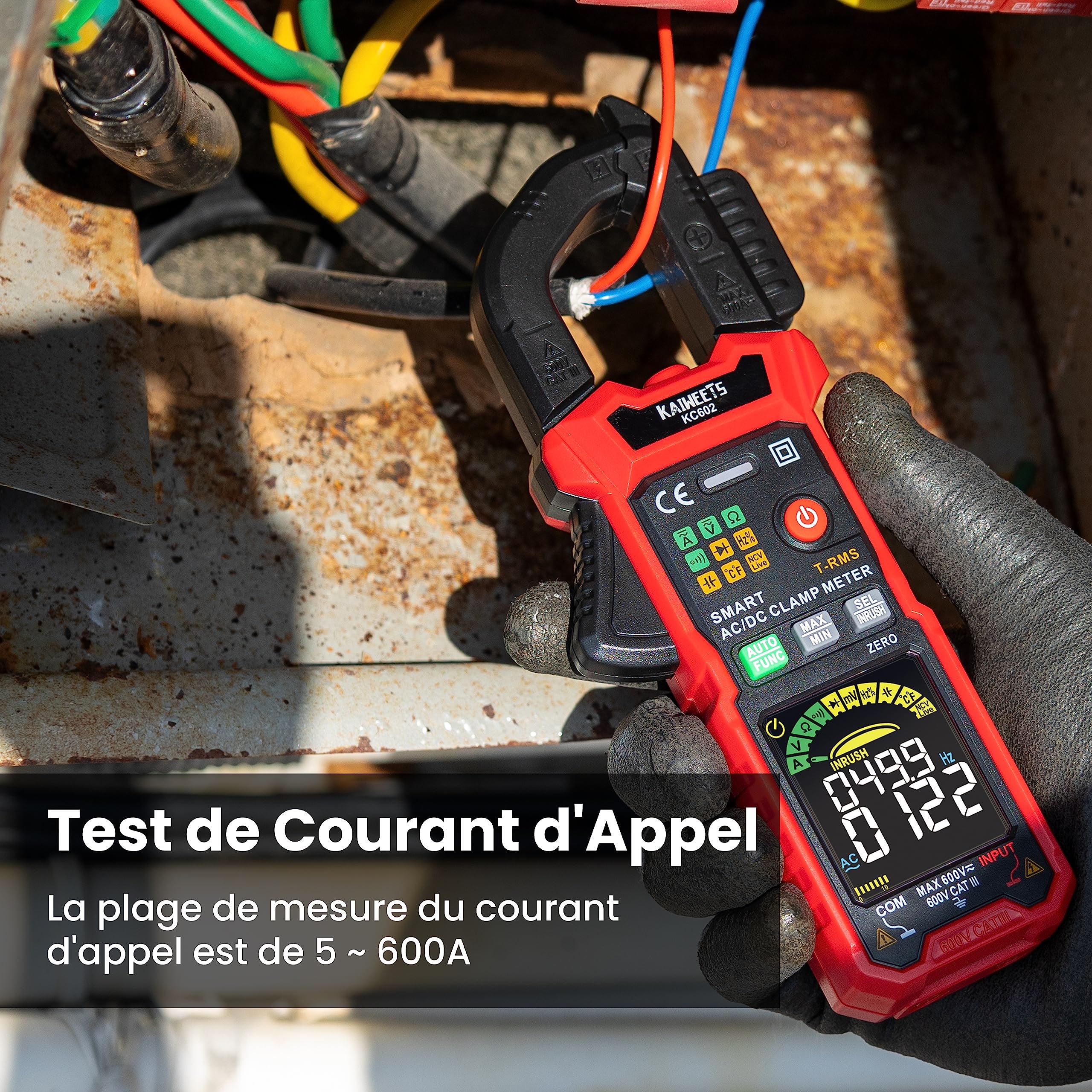 KAIWEETS Pince Ampèremétrique Intelligente T-RMS 6000 Comptes, Multimètre, Ampèremètre à Plage Automatique, Écran Couleur, Mesure Courant CA/CC, Courant d'Appel, Tension, Température, NCV KC602