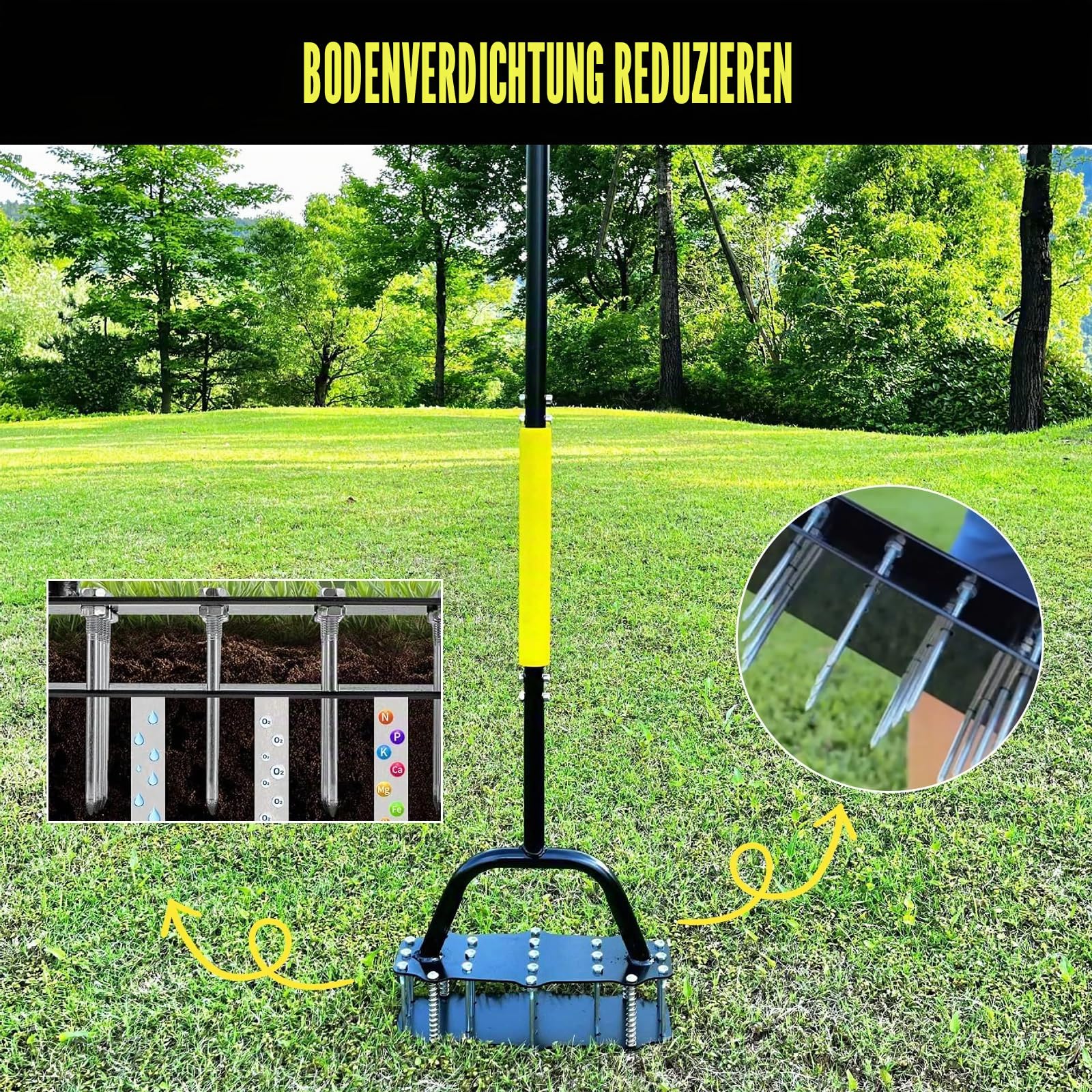 Manuelles Rasenbelüfter-Werkzeug, federunterstütztes 17-Spike-Rasenbelüftungswerkzeug, automatischer Schmutz- und Laubreinigungs-Bodenlockerer mit Handschuhen und rücksparendem Pedal für
