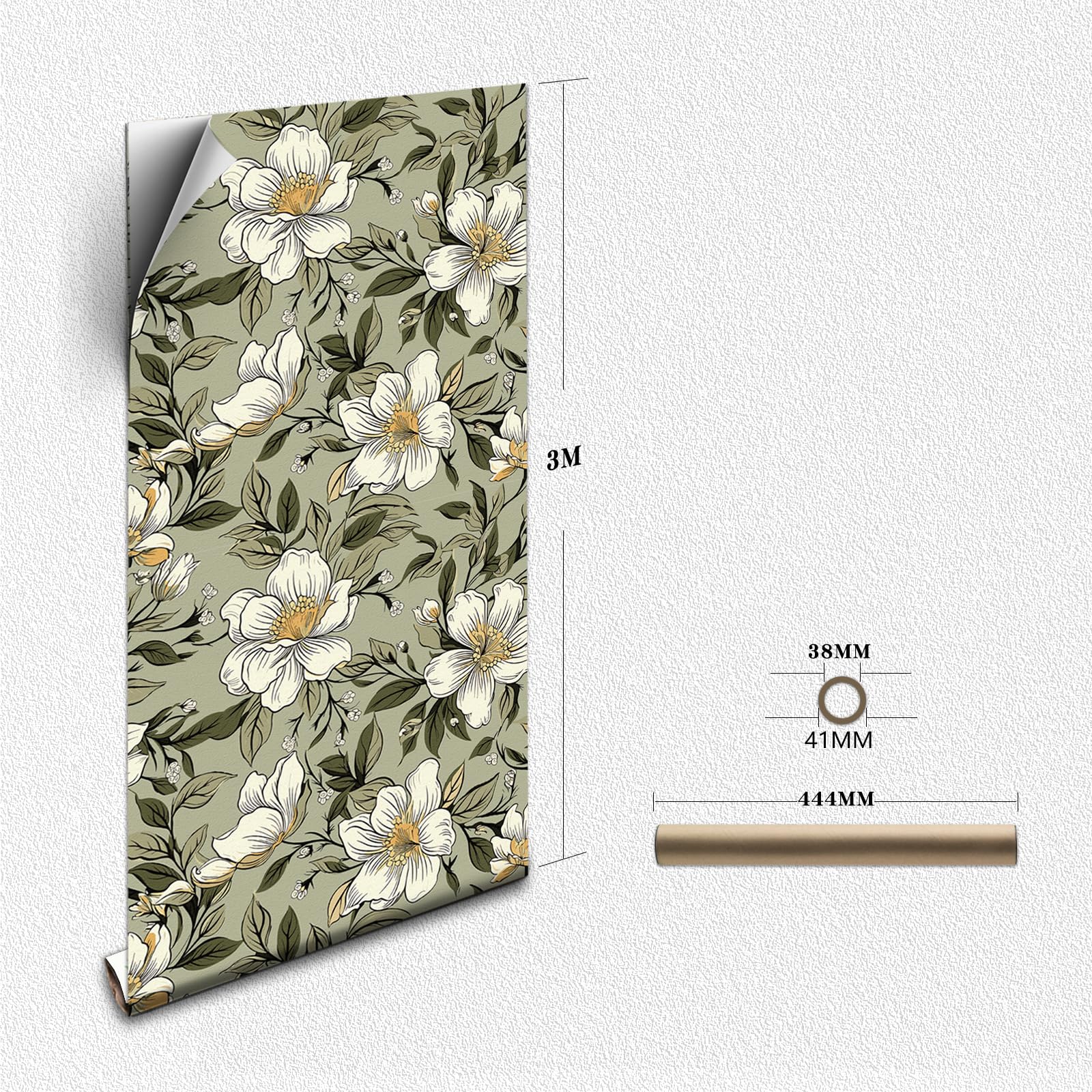 Samoprzylepna tapeta 44 x 300 cm, kwiatowy papier kontaktowy, zielony liść, kwiat, odklej i przyklej, tapeta, usuwalna folia winylowa do dekoracji domu