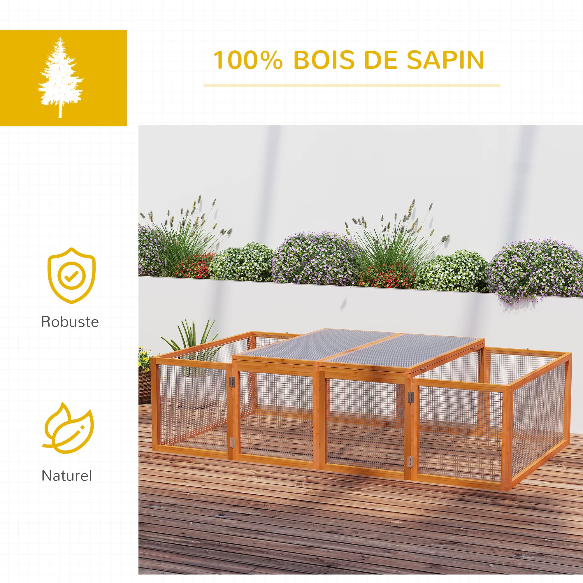 PawHut Clapier Cage à Lapins extérieur intérieur 2 Portes supérieures 181L x 100l x 48H cm Bois Massif Marron | Extérieur Intérieur, 2 Portes Supérieures, Bois Massif