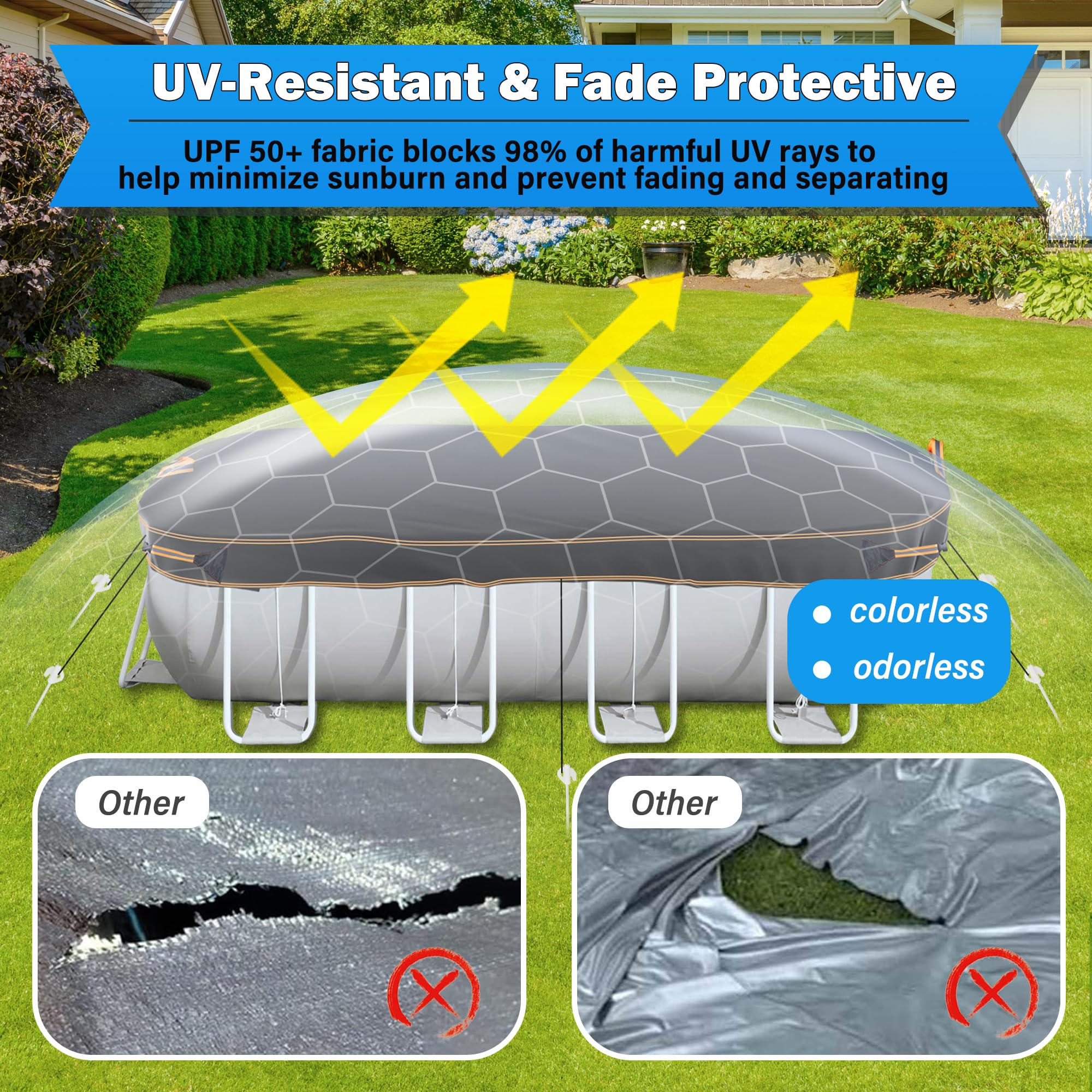 Copertura per piscina rettangolare di alta qualità, nera con finiture arancioni, protezione resistente per piscine fuori terra, resistente alle intemperie, 2,7 x 4,3 m