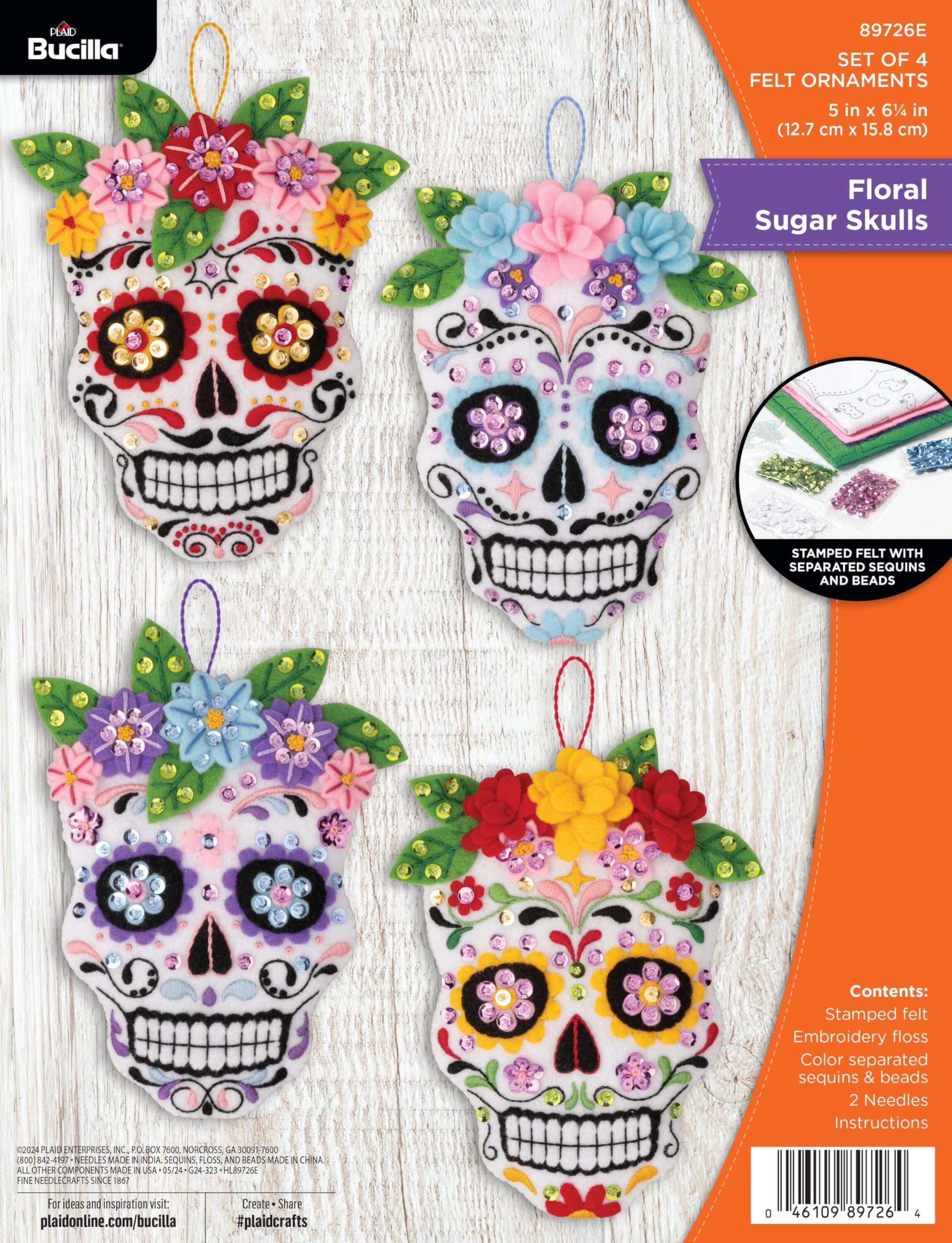 Bucilla, Floral Sugar Skulls, Felt Applique 4 Piece Ornament Making Kit, Perfect for DIY Arts and Crafts, 89726E
