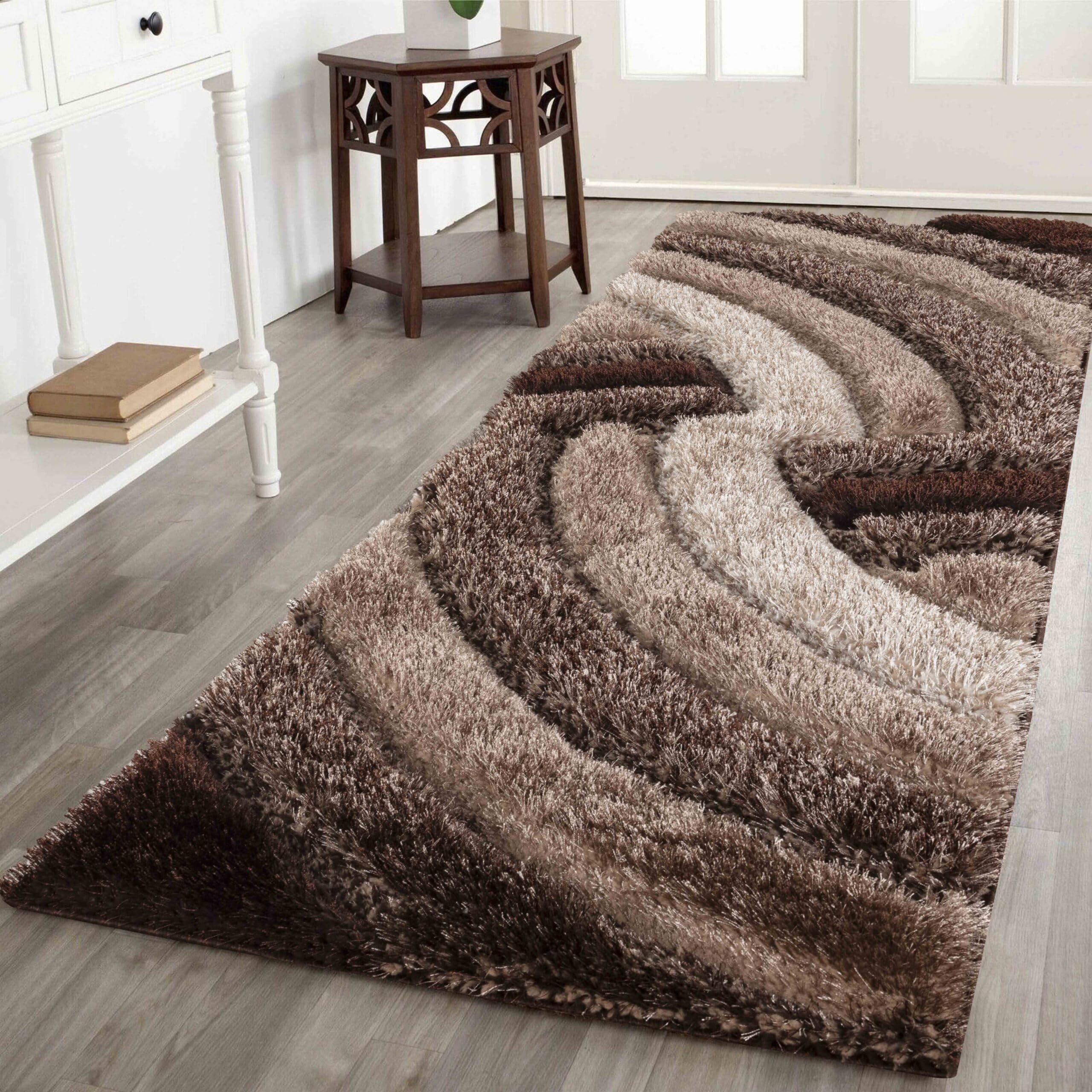 Desire Rugs Unisex Bronze Modern Soft Swirl Shimmer Shaggy Area Rugs In | Size: 60 Cm X 220 Cm