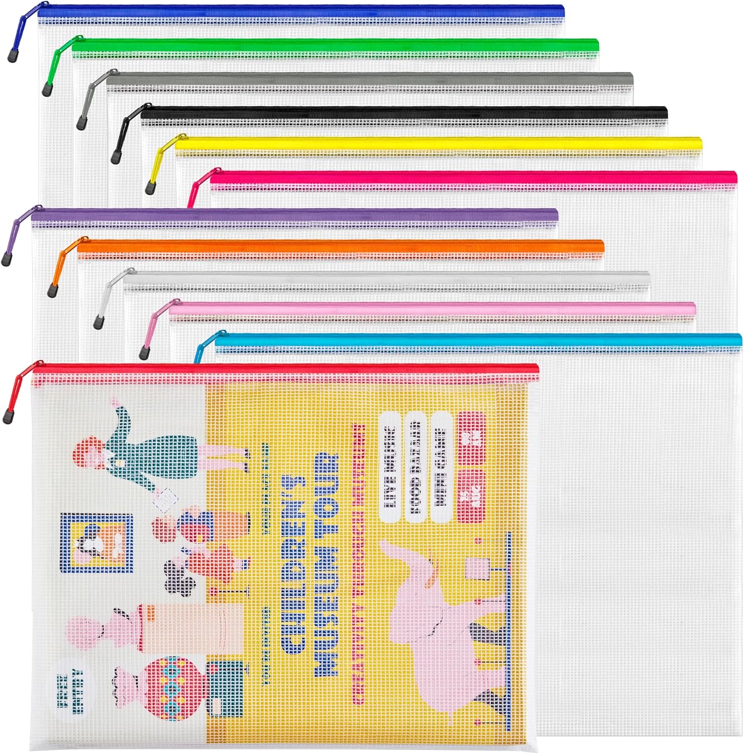 JARLINK A3 (16.5x12.6 in, 12 Pcs) Mesh Zipper Pouch, 12 Colors Extra Large Zipper Bags, Waterproof File Pouches for Office Supplies, Puzzles, Board Game, School, Travel Accessories & Craft Projects