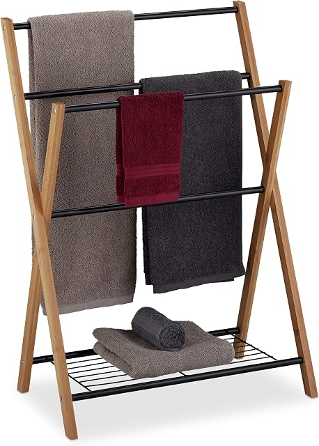 Relaxdays Freestanding Towel Rail, 4 Towel Rails, Bath Shelf, Metal, Bamboo, HWD 87 x 60.5 x 37.5 cm, Black/Natural