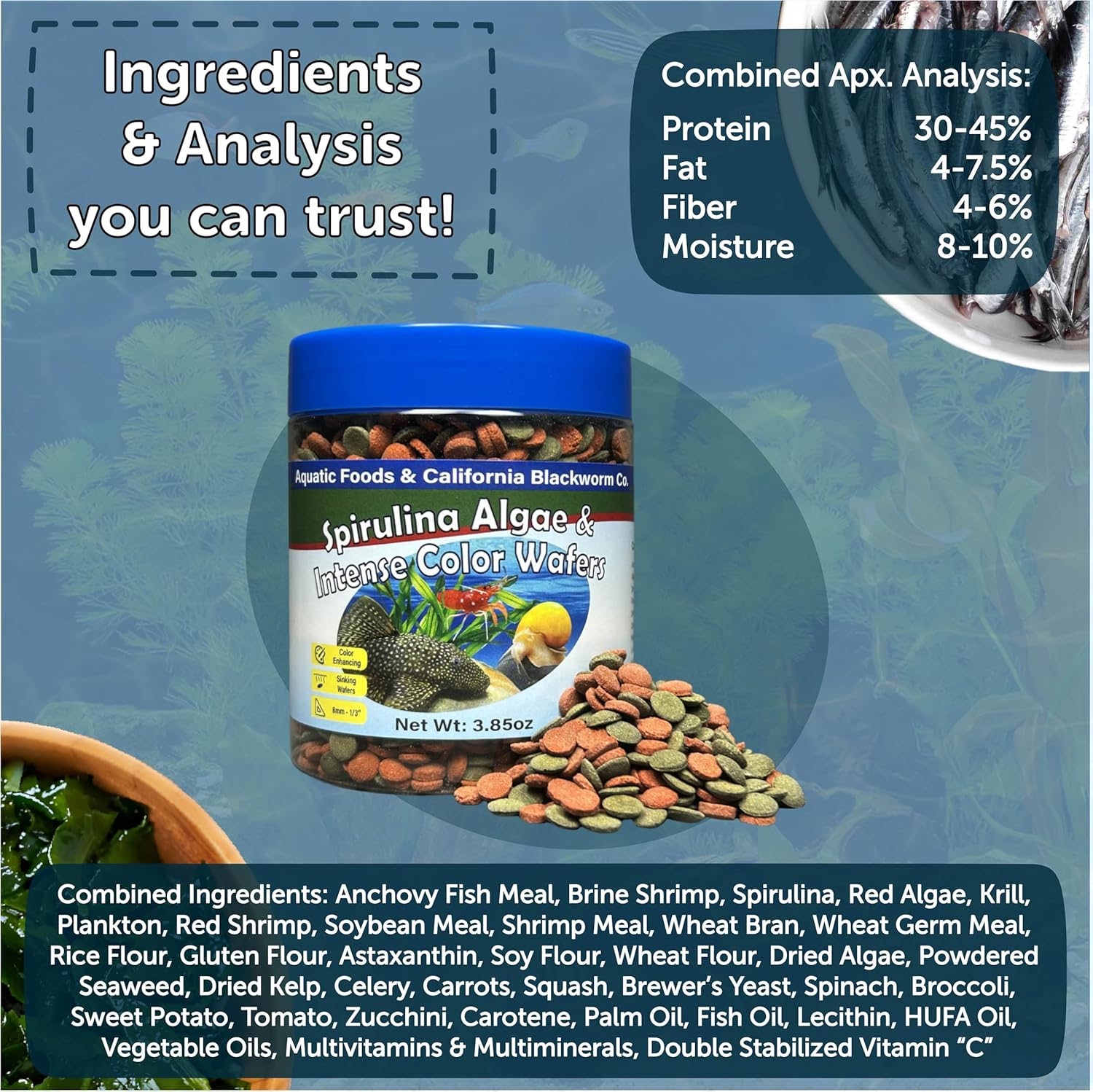 Aquatic Foods Inc. 8mm - 1/3" Small Sinking Wafers of Spirulina, Algae & Color Enhancing Wafers for Bottom Fish, Shrimp, Snails & Tropicals. With 4-Type Wafer & 12-Type Pellet Mix ...1-lb 5oz Canister