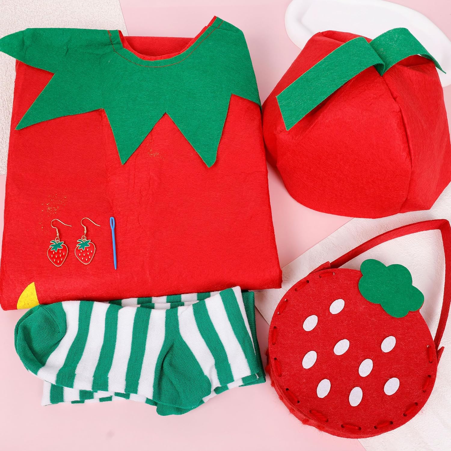 5Pcs Strawberry Costume for Women Strawberry Costume Suit with Dress Hat Bag Earrings Sock Costumes for Halloween - Image 2