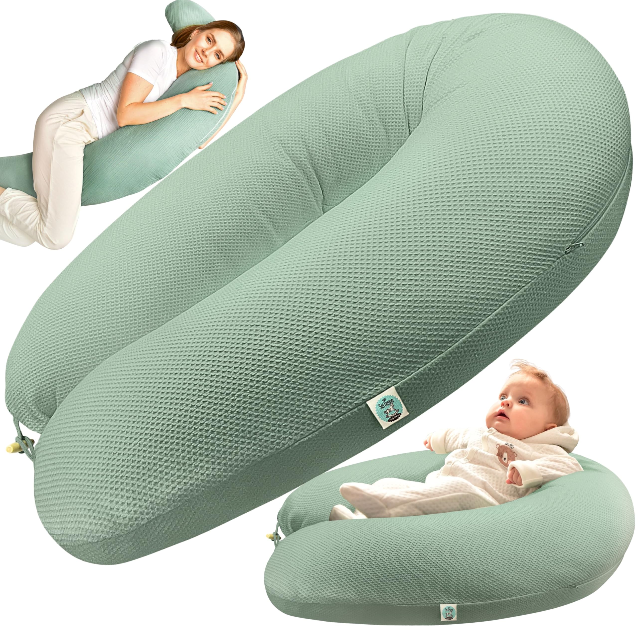 sei Design Stillkissen XXL Schwangerschaftskissen Seitenschläferkissen 190x30 cm – EPS-Mikroperlen Füllung - Ergonomisch (IGR-Siegel) & Oeko-TEX mit elastischem Waffeljersey Bezug (100% Baumwolle)