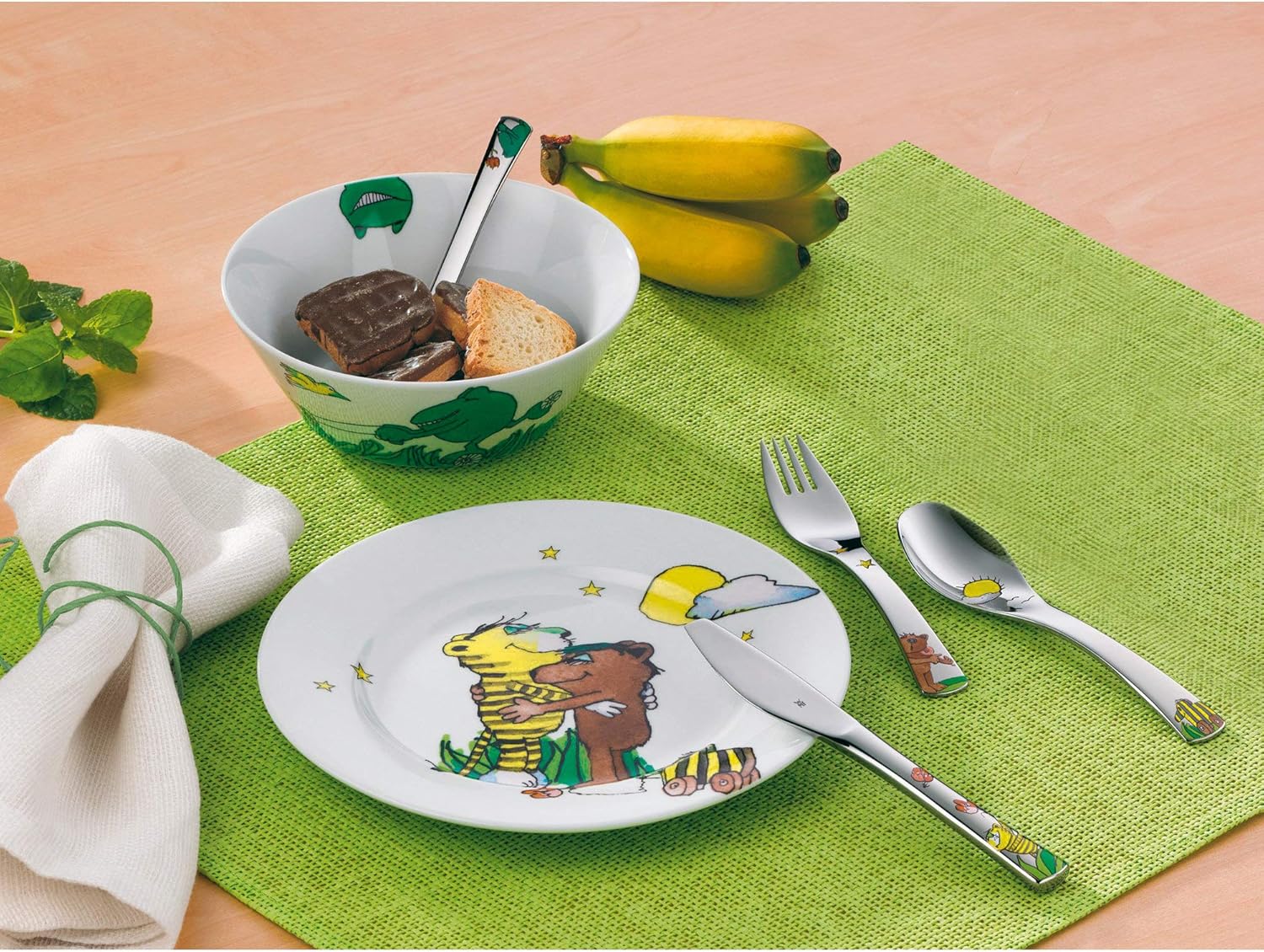 WMF Children's Crockery Set 6-Piece Janosch Cromargan 18/10 Stainless Steel Polished Suitable from 3 Years