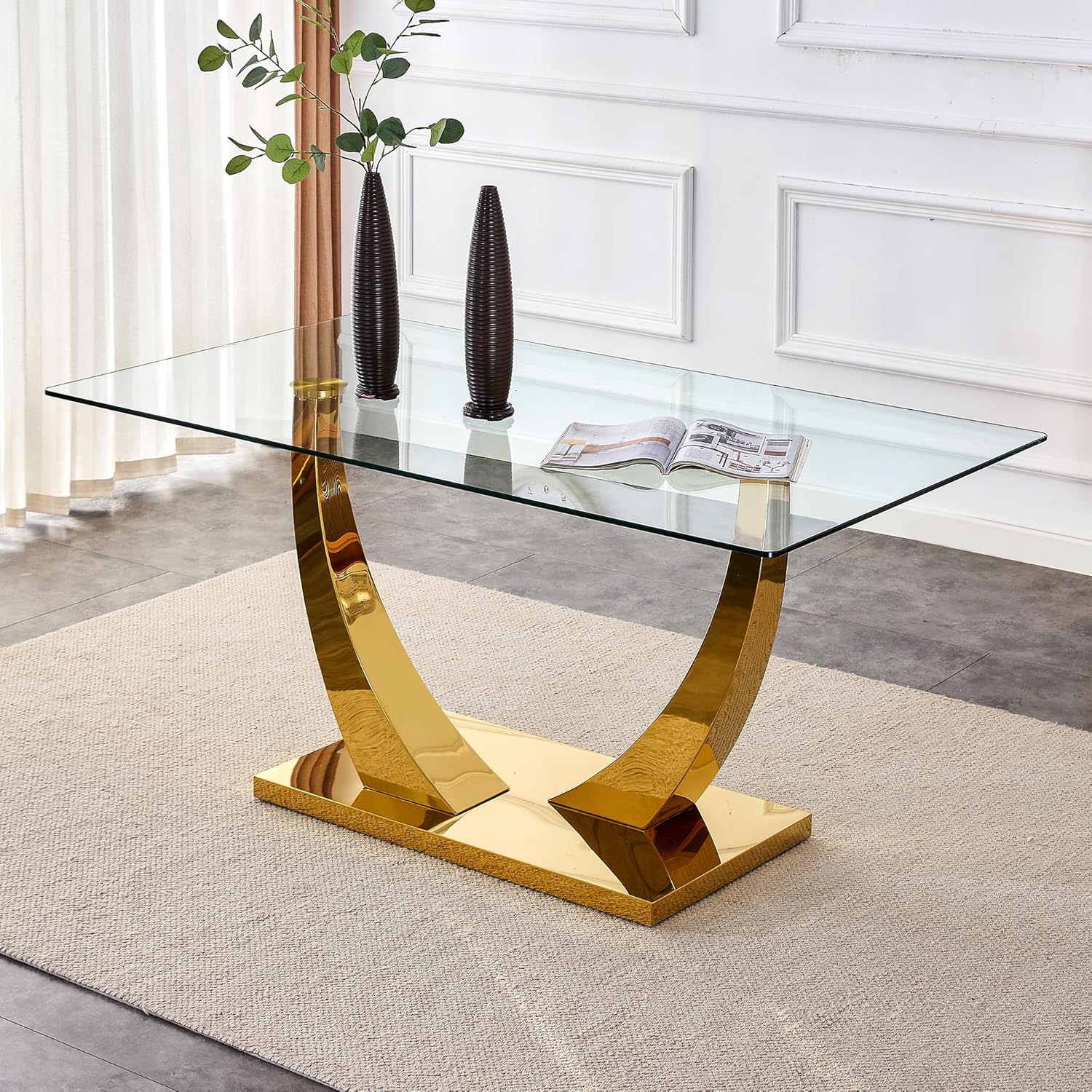 Amazon.com - 63 inch Modern Glass Dining Table for 6 People, with Gold Legs Base Modern Kitchen ...