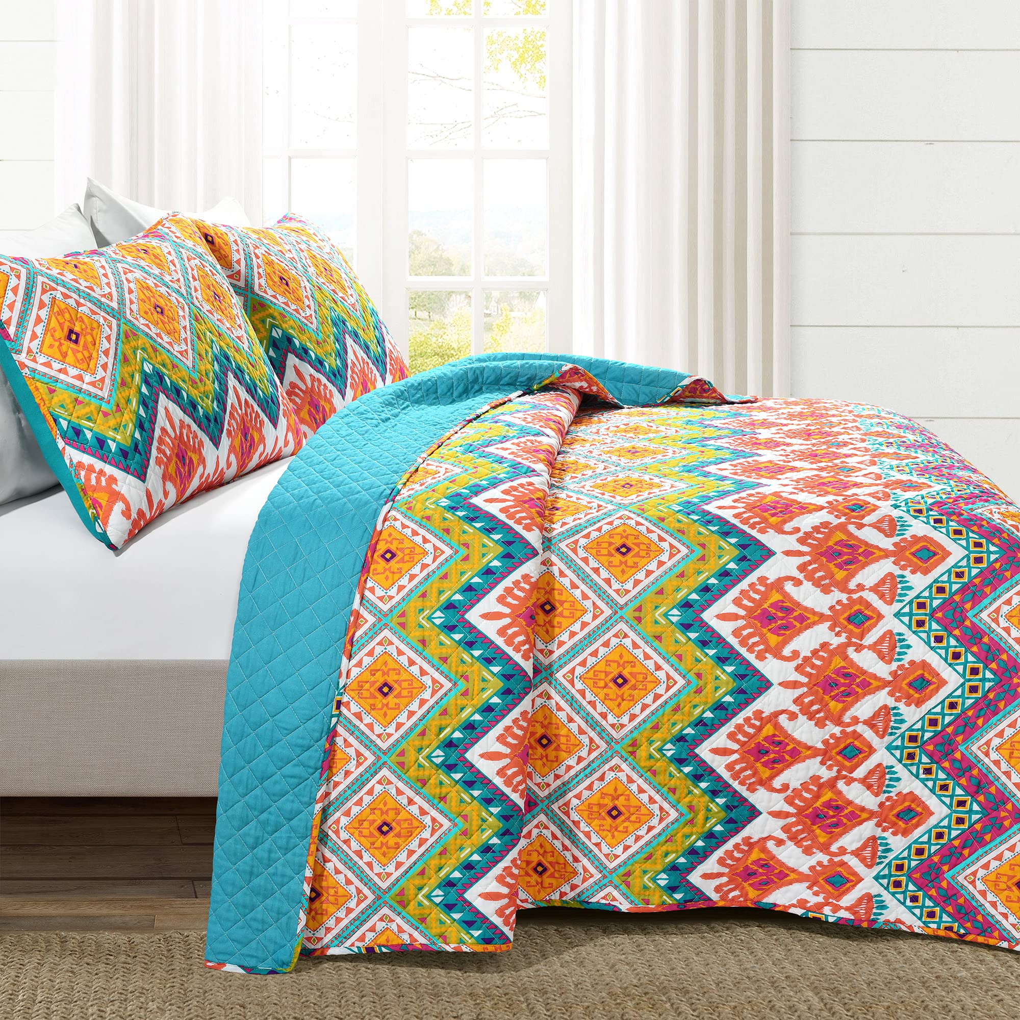 Lush Decor Boho Chevron 3 Piece Quilt Set, Full/Queen, Turquoise Full