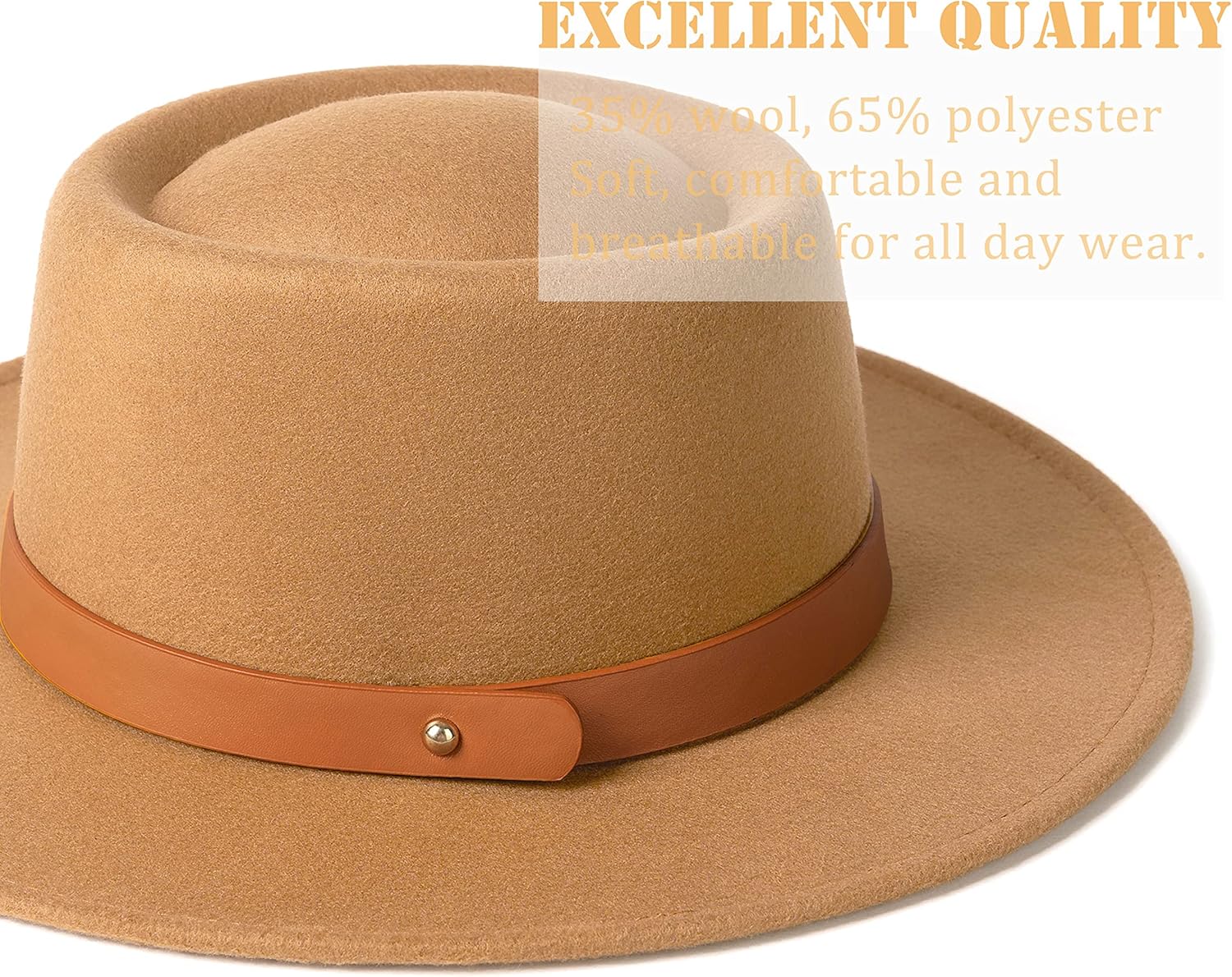 Lady Retro Wide Brim Fedora Floppy Pork Pie Hat with Belt Buckle - Image 2