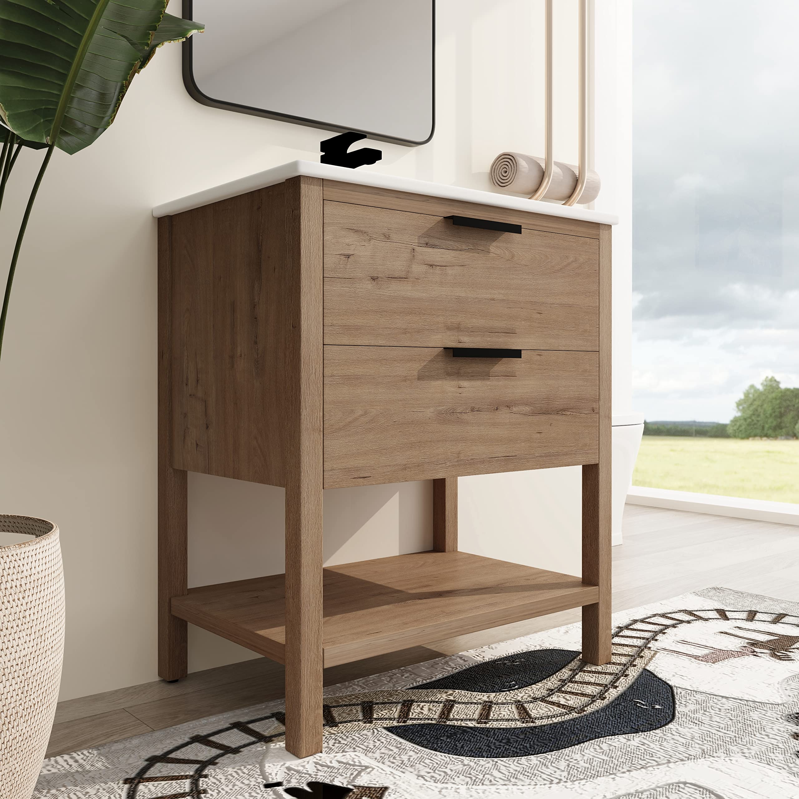 30'' Freestanding Bathroom Vanity with Sink, 30 inch Floor Standing Bathroom Vanity, with 2 Drawers and 1 Open Shelf, White Ceramic Basin Sink Top (010-30)