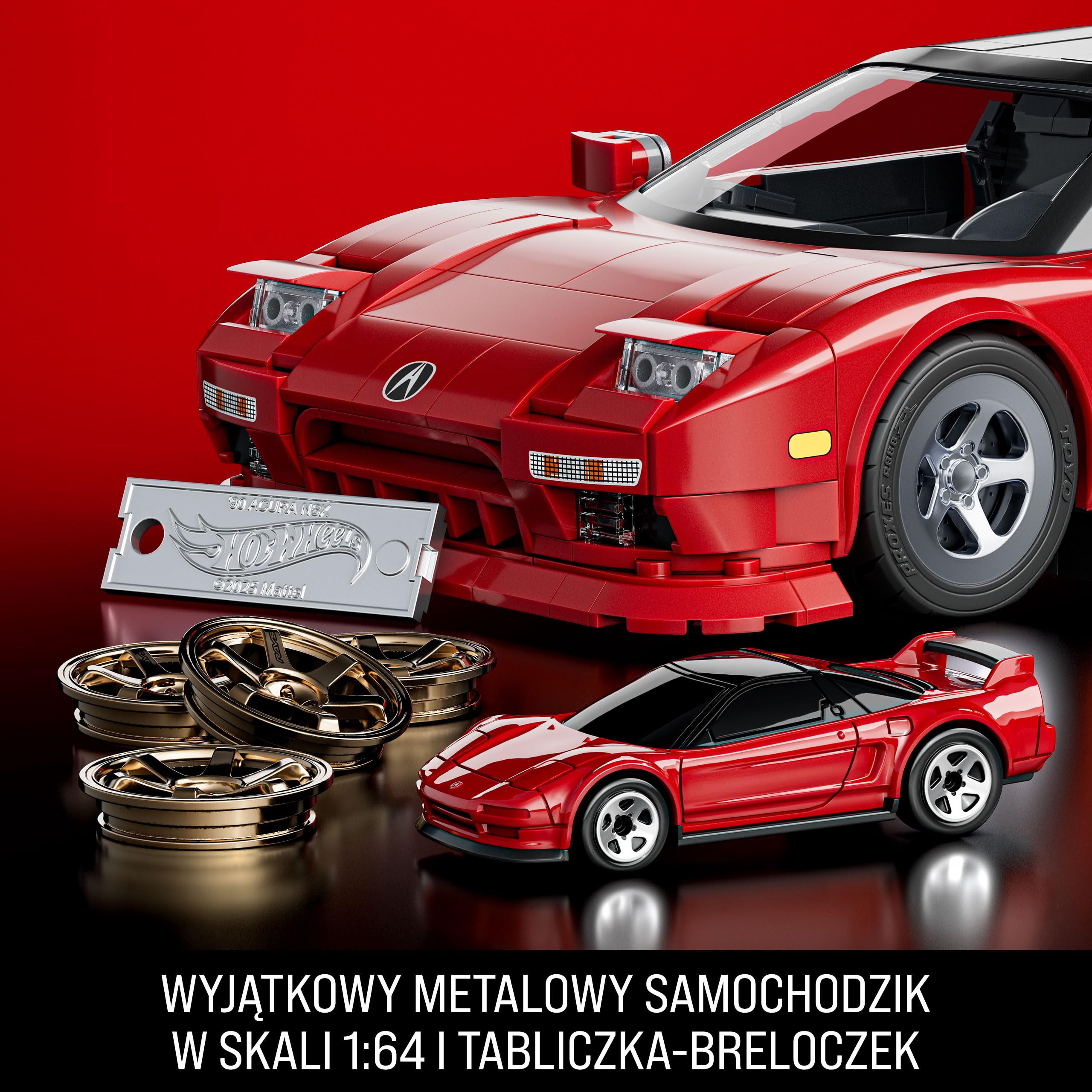 Mattel Brick Shop Hot Wheels Elite Series ’90 Acura NSX zestaw | 876 elementów, realistyczne detale, naklejki, metalowy model 1:64, dla kolekcjonerów i dzieci 10+, JFT17