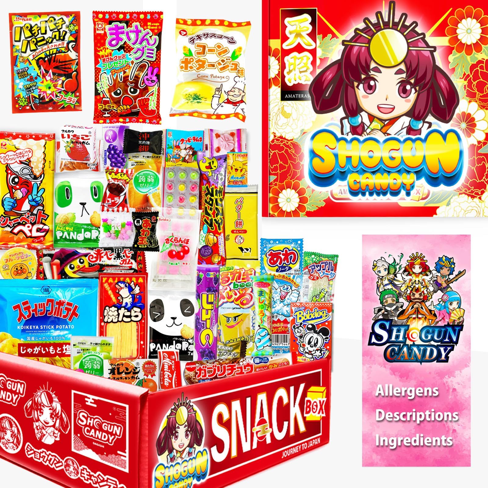 SHOGUN CANDY, 40 Pcs Japanese Snacks and Japanese Candy, Popin Cookin Japanese Snack Box, Kawaii Dagashi Box, (AMATERASU Mystery BOX)