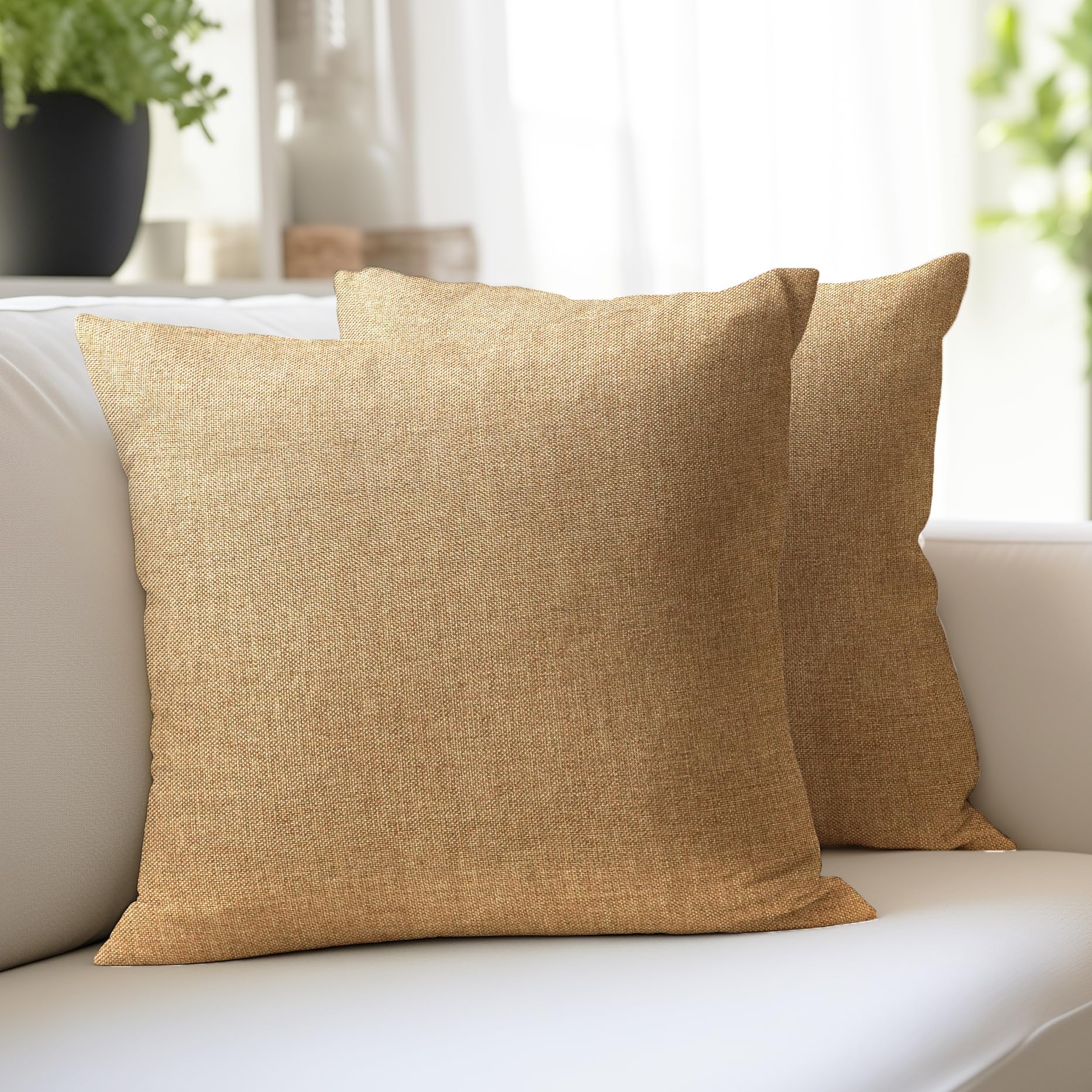 Encasa XO Plain Polyester Jute Cushion Cover (Set of 2) | Cherry Golden | 40x40 cm | Pillow Covers Only, No Fillers or Inserts I Chambray Colour Jute Square Pillowcase I Machine Washable