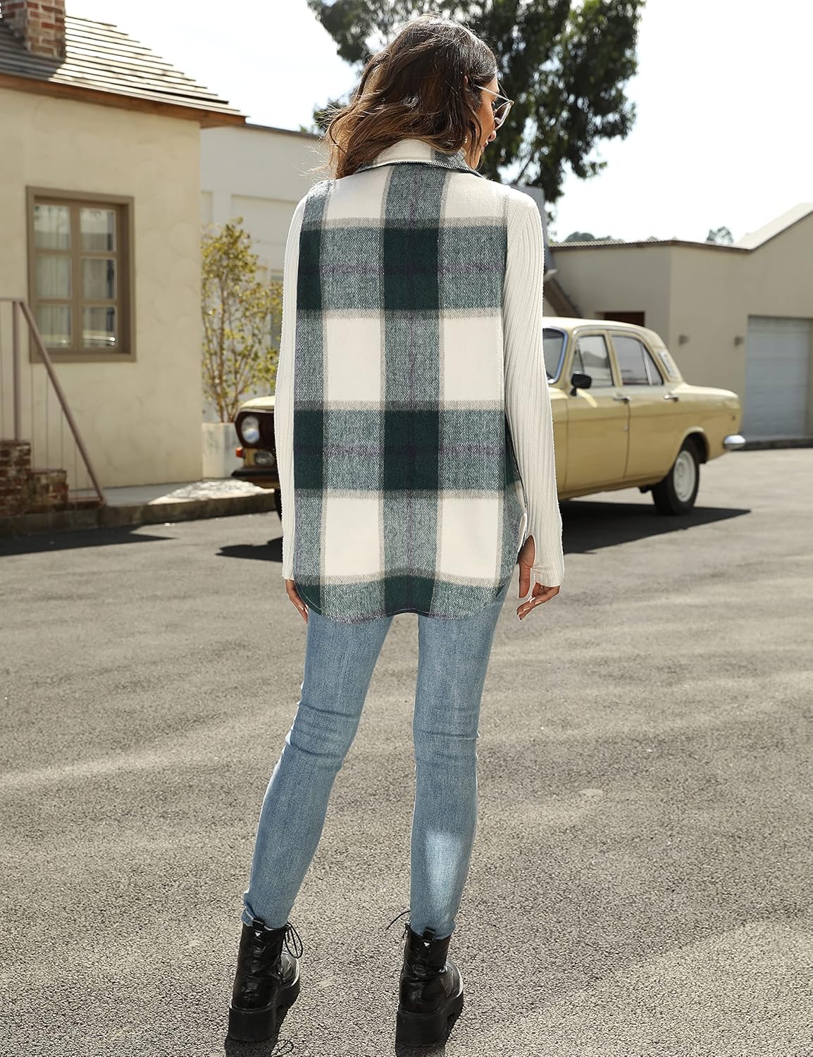 Uaneo Womens Plaid Shacket Button Down Wool Blend Fall Flannel Shirt Jacket - Image 6