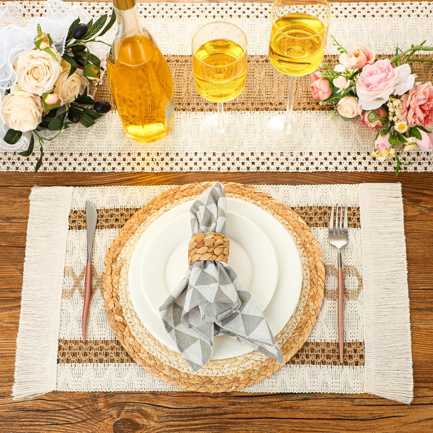 Xuhal 19 Pcs Boho Table Runner Placemat and Napkin Ring Set 11.8 x 106.3'' Woven Macrame Table Runner with Tassel Natural Burlap Round Rectangle Mat Farmhouse Decoration for Christmas Wedding Dinner