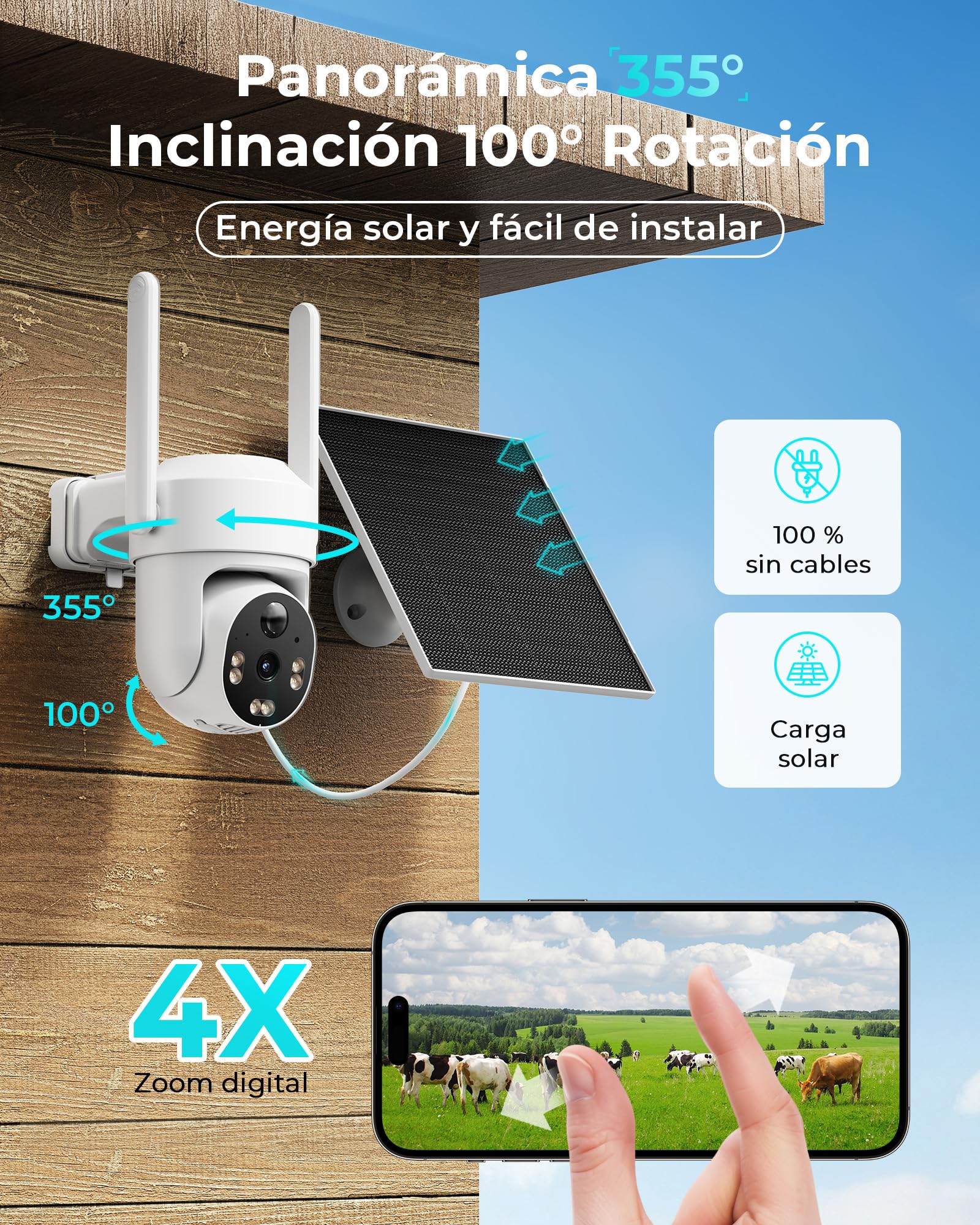 SEHMUA 4G LTE Camara Vigilancia Exterior con Panel Solar, 2K PTZ 355°/100° Camara Vigilancia con Tarjeta Sim sin WiFi, Detección Humana PIR, Color Visión Nocturna, IP66, Audio de Dos Vías, 2 Unidad