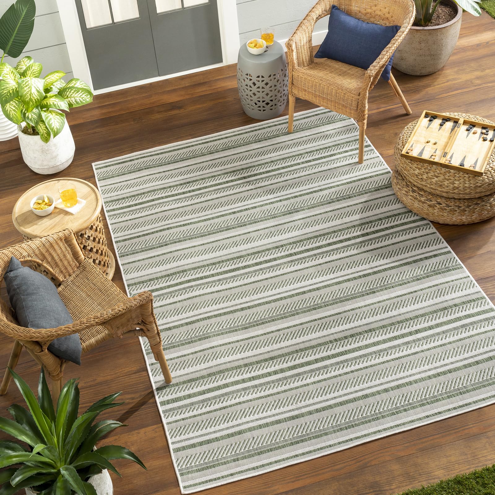 Livabliss Kavita Ibiza Indoor Outdoor Floor Covering 160x230 cm – Boho Pattern for Living Room, Dining & Kitchen, Waterproof & Stain-Resistant, Dark Green & Ivory — image 1