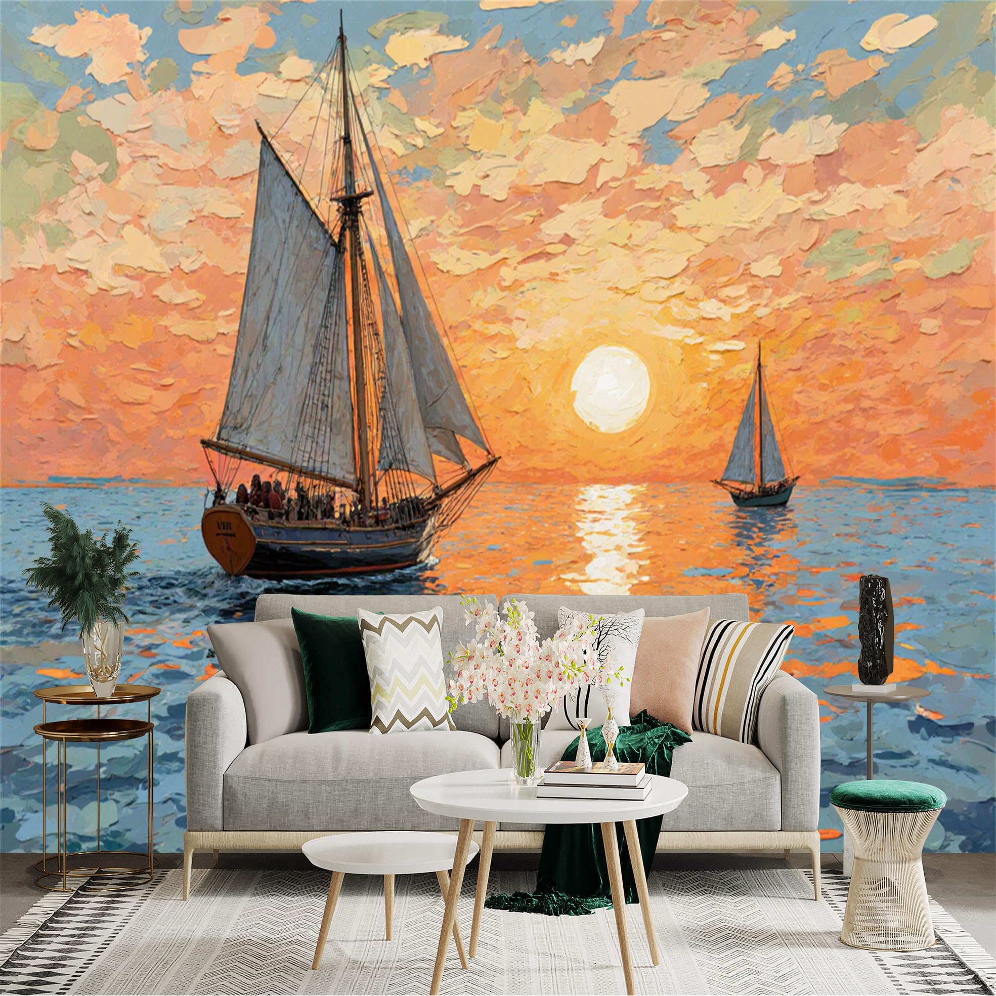 Lnzczhyre Xc260505641 Custom Size Wall Sticker Mural， Sailboats On Ocean At Golden Sunset， Impressionist Oil Painting Style， Seascape View， For Wall Decoration， Peelandstick Wall Decals.