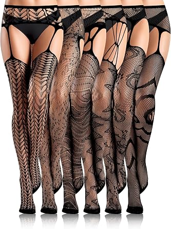 Fourluoo 6 Pairs Women Fishnet Tights Lace Ripped Spider Web Fishnets Leggings Mesh Pantyhose Thigh High Stockings