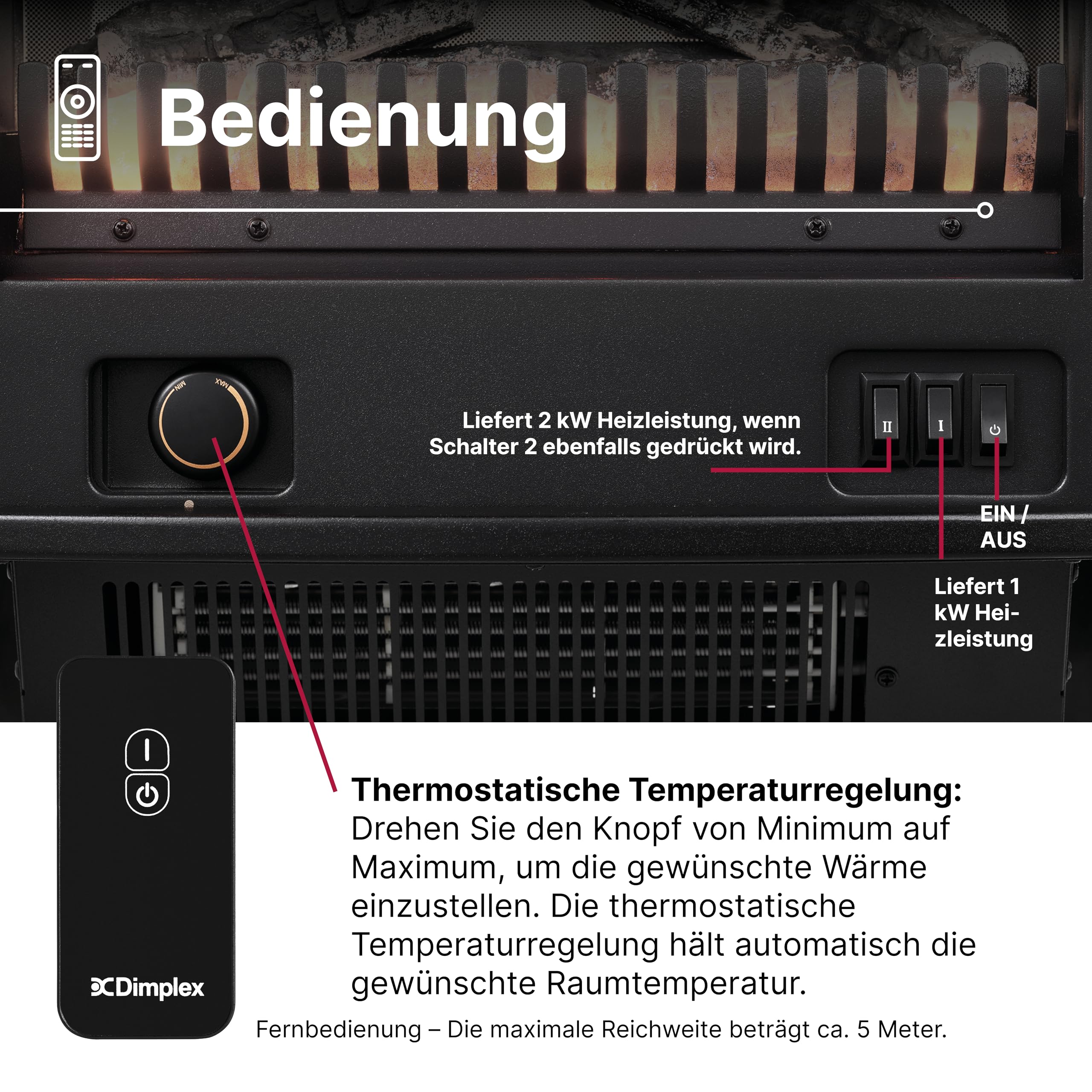 Dimplex Elektrokamin Optiflame Tango - Freistehender Elektrischer Kamin mit Kohlebett - LED-Flammeneffekt - Einstellbarer Heizung - Thermostat und Fernbedienung