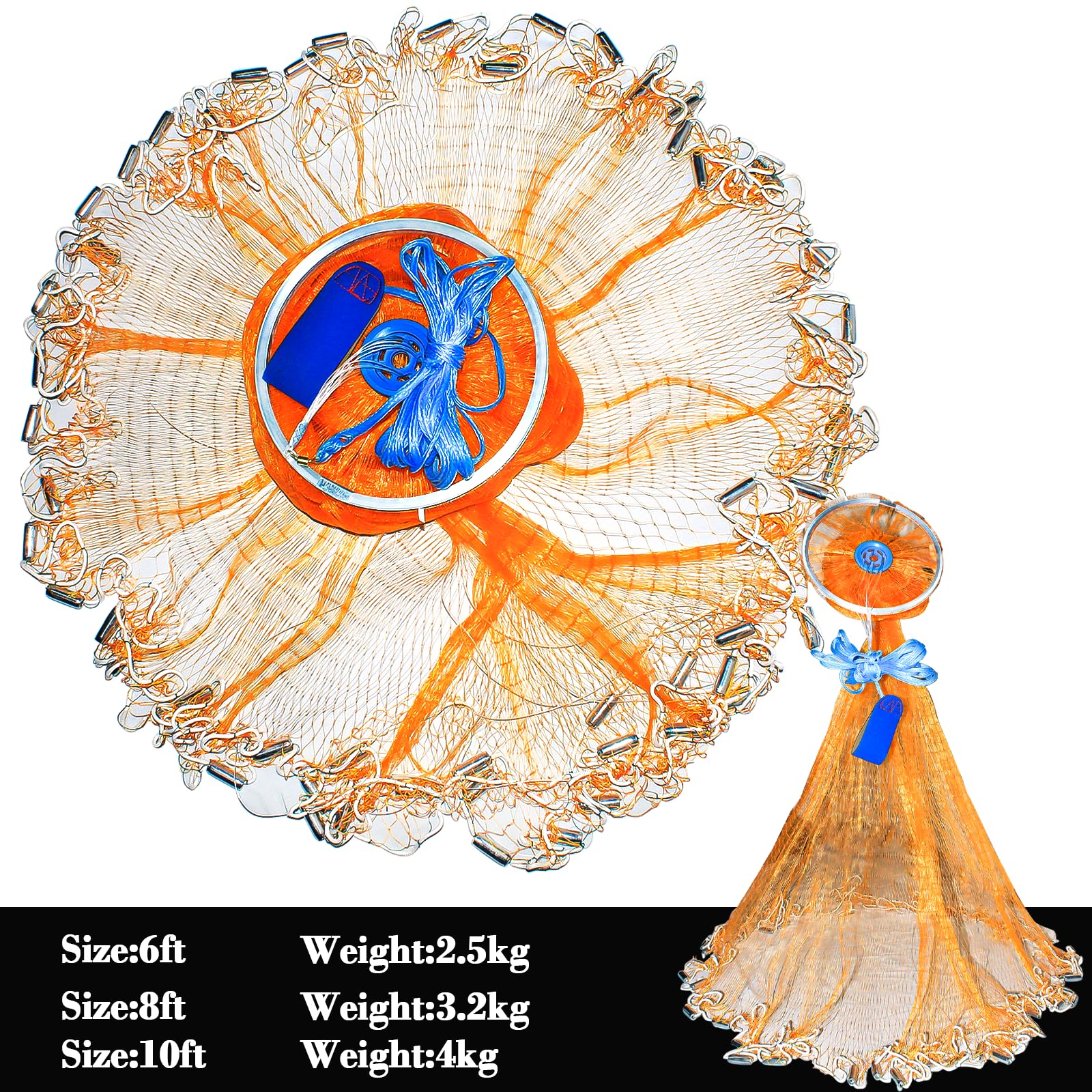 FREGITO Cast Net with Aluminum Ring, American Cast net, Hand Throwing Fishing Net with Zinc Plated Weights for Saltwater and Freshwater, 3/8 Inches Mesh?6FT?
