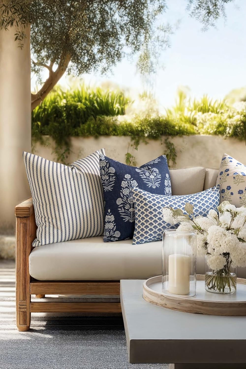 Crumbs Home California Casual Coastal Indoor Outdoor Lumbar Pillow Cover, 12"x20" Water Repellent for Patio, Backyard, Couch, Poolside, Azure Blue Print Ravenala Palm Tree