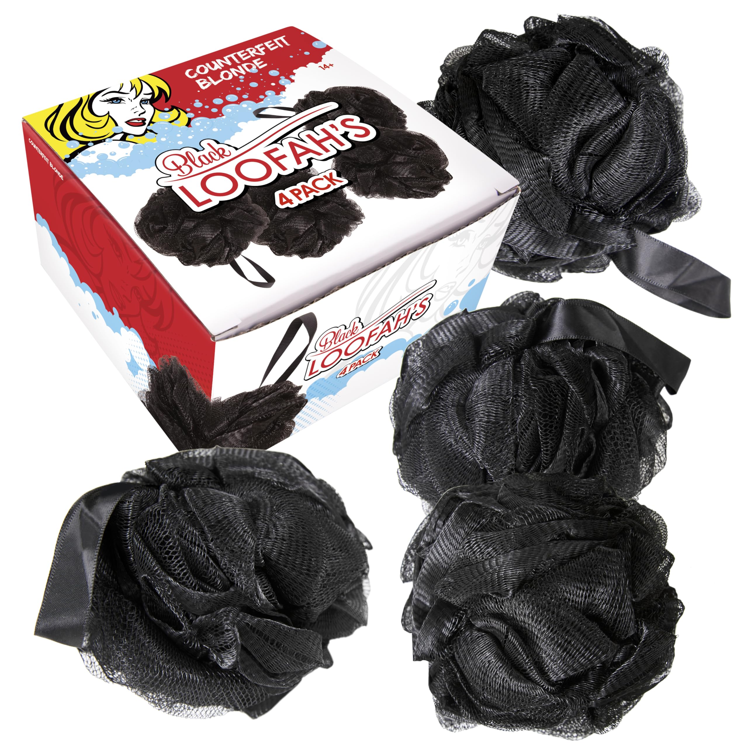 Black Loofah Gąbki pod prysznic I (4-pak) Płuczki do ciała do użytku pod prysznicem I gąbki do kąpieli do szorowania pod prysznic do ciała I Loofah złuszczająca szczotka do ciała akcesoria prysznicowe
