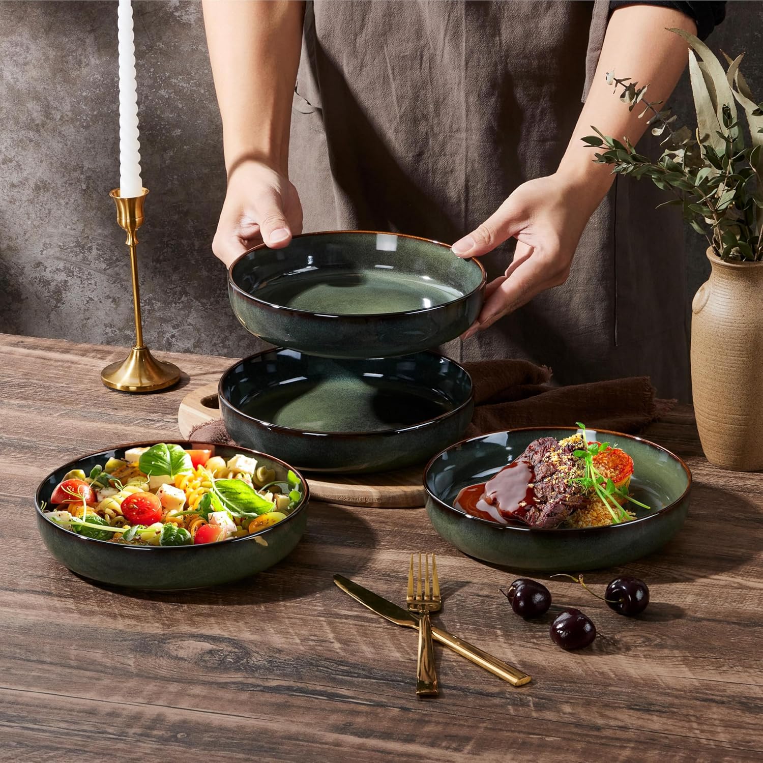 E-far Stoneware Pasta Bowls, 35oz Double Reactive Glaze Large Bowls Plates Set of 4, Wide & Shallow Ceramic Pasta Plates for Serving Salad, Soup, Dinner| Dishwasher & Microwave Safe | Obsidian Green