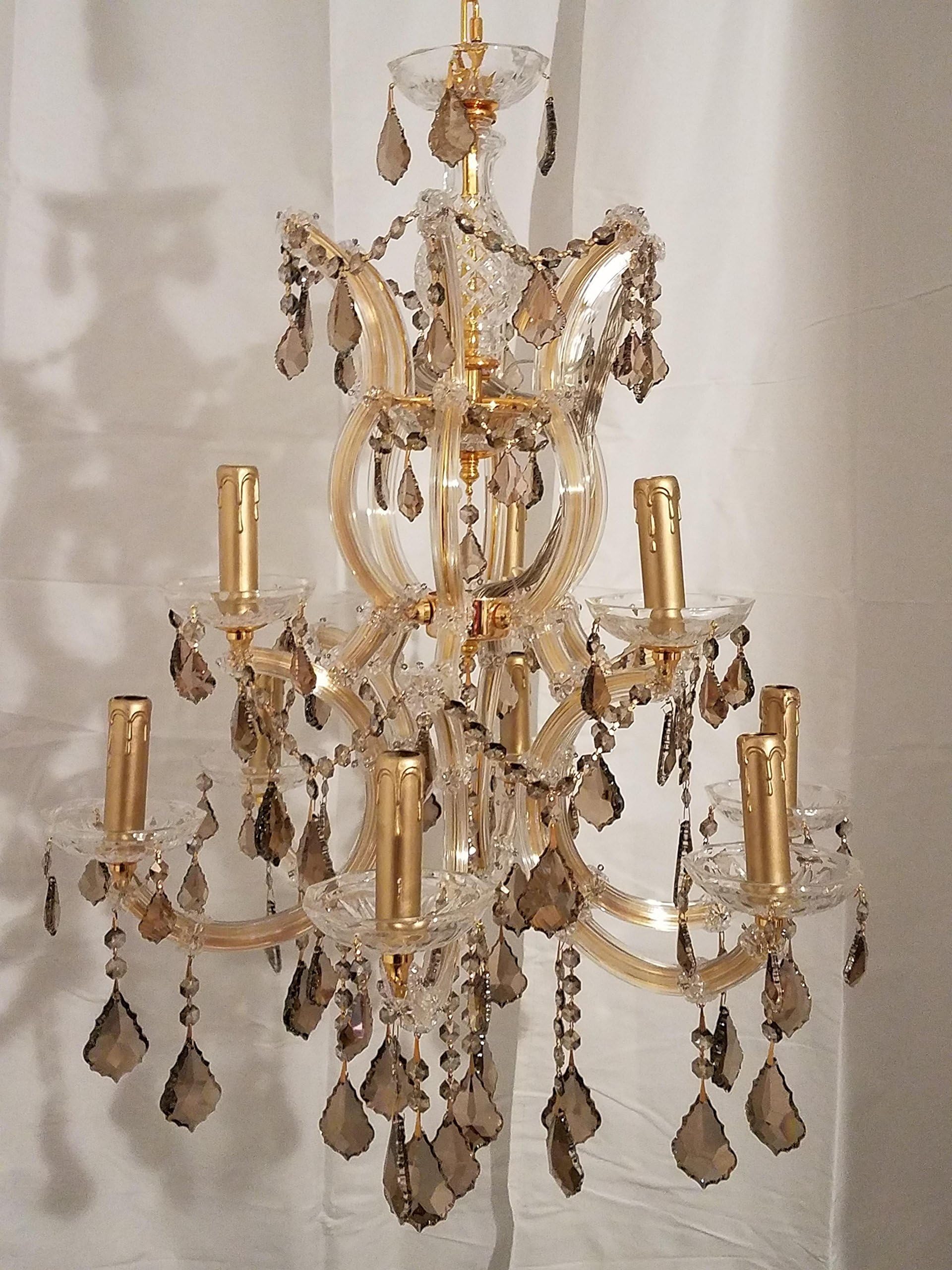 Paris Nights 9 light Maria Theresa Swarovski Crystal Chandelier with Golden Teak French Pendalogues