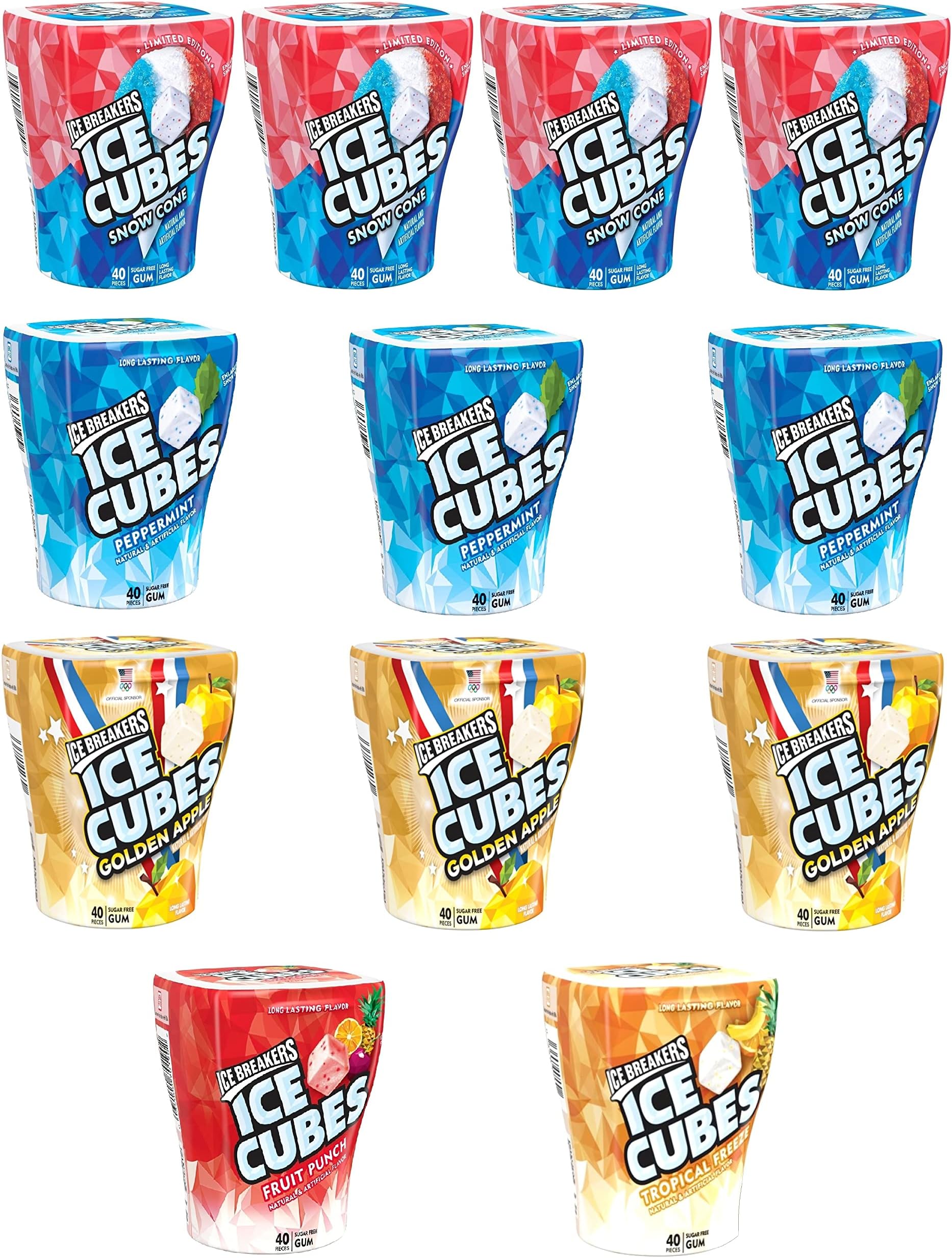Ice Breakers Ice Cubes LIMITED-EDITION Assortment, Fruit Punch, Tropical Freeze, Snow Cone, Golden Apple and Peppermint. Deliciously Refreshing Sugar Free Gum, 40 Pieces each, 12 Packs