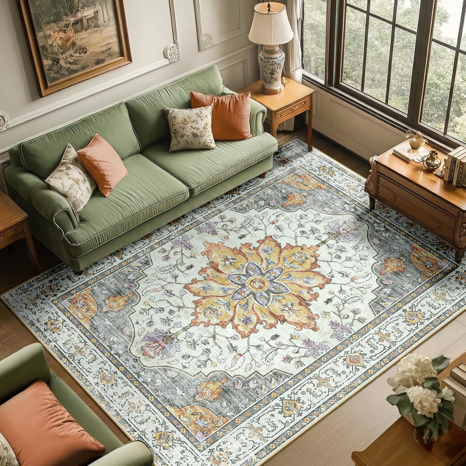 RELEANY Area Rugs 6'x9' Washable Non-Slip, Floral Vintage Distress Print Pattern Medallion Carpet for Living Room Bedroom Dining Room, Light Yellow Carbon Grey Orange - Amazon product rated Grade B