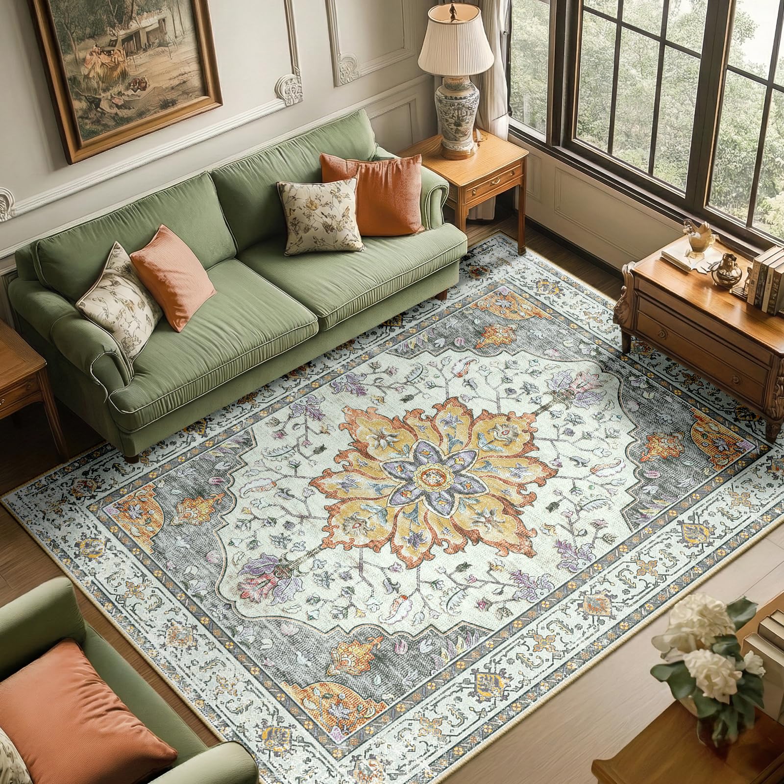 RELEANY Area Rugs 6'x9' Washable Non-Slip, Floral Vintage Distress Print Pattern Medallion Carpet for Living Room Bedroom Dining Room, Light Yellow