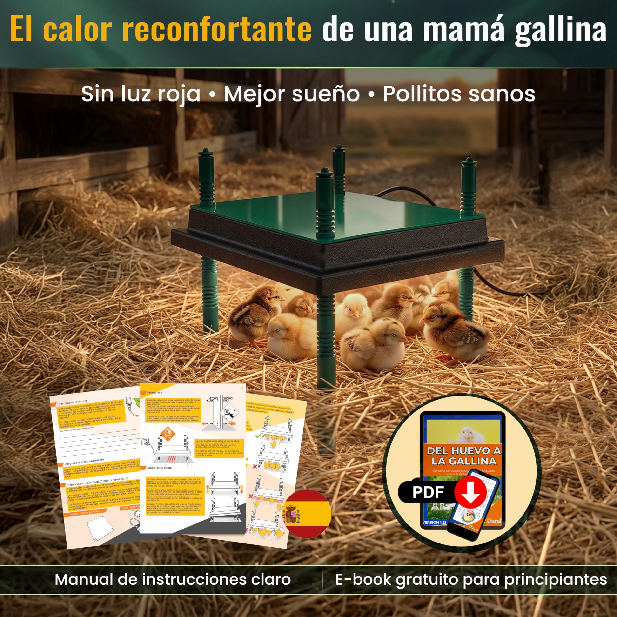 Dural’s® Placa Calefactora Pollitos (-80% de Energía) con Cubierta - Panel de Cría 30W (25-30 Pollitos) - Altura Ajustable - Calor Suave Anti-Estrés (Cuadrada: 35x35 cm (capacidad 25-30 pollitos))