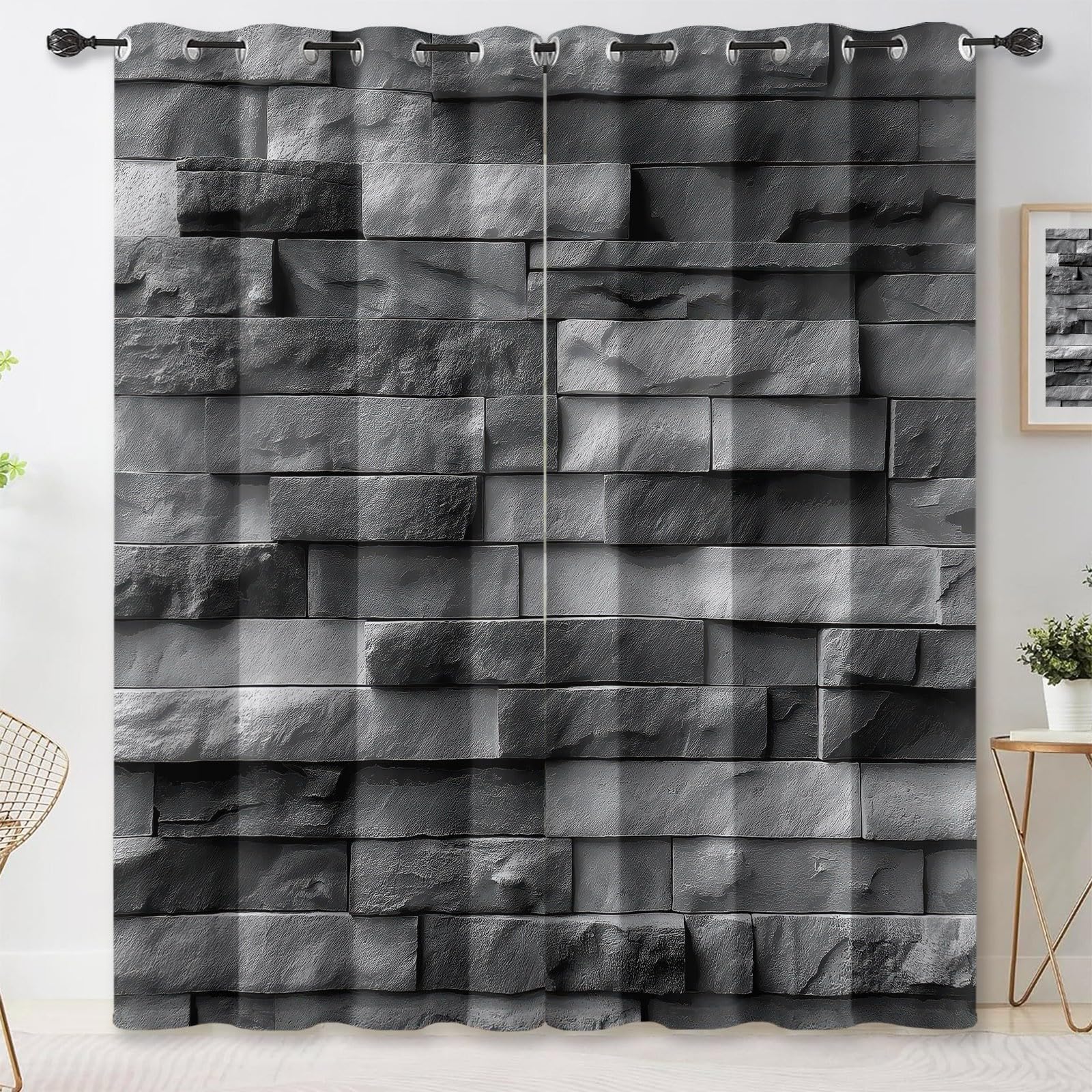 Vorhänge Blickdicht Verdunkelungsvorhang mit Ösen Gardinen, Industriell Modern Grau Steinwand Quadrate Textur Thermovorhang Vorhang Fensterschal für Wohnzimmer Schlafzimmer, 2er Set H 200 x B 70 cm