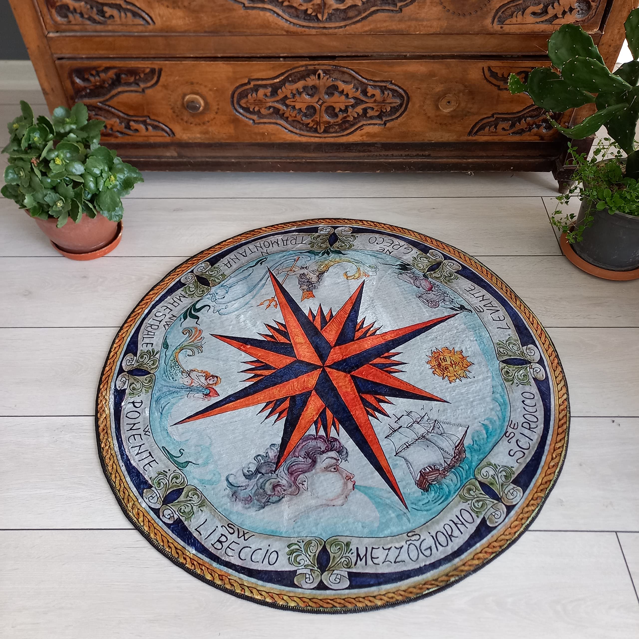 Rugendary Compass Rug Cool Round Area Rug Hypebeast Rug Yacht Mat Boat Mat Soft Ultra Soft Non Slip Summer House Carpet Luxury Home Decor (2x2 ft.,