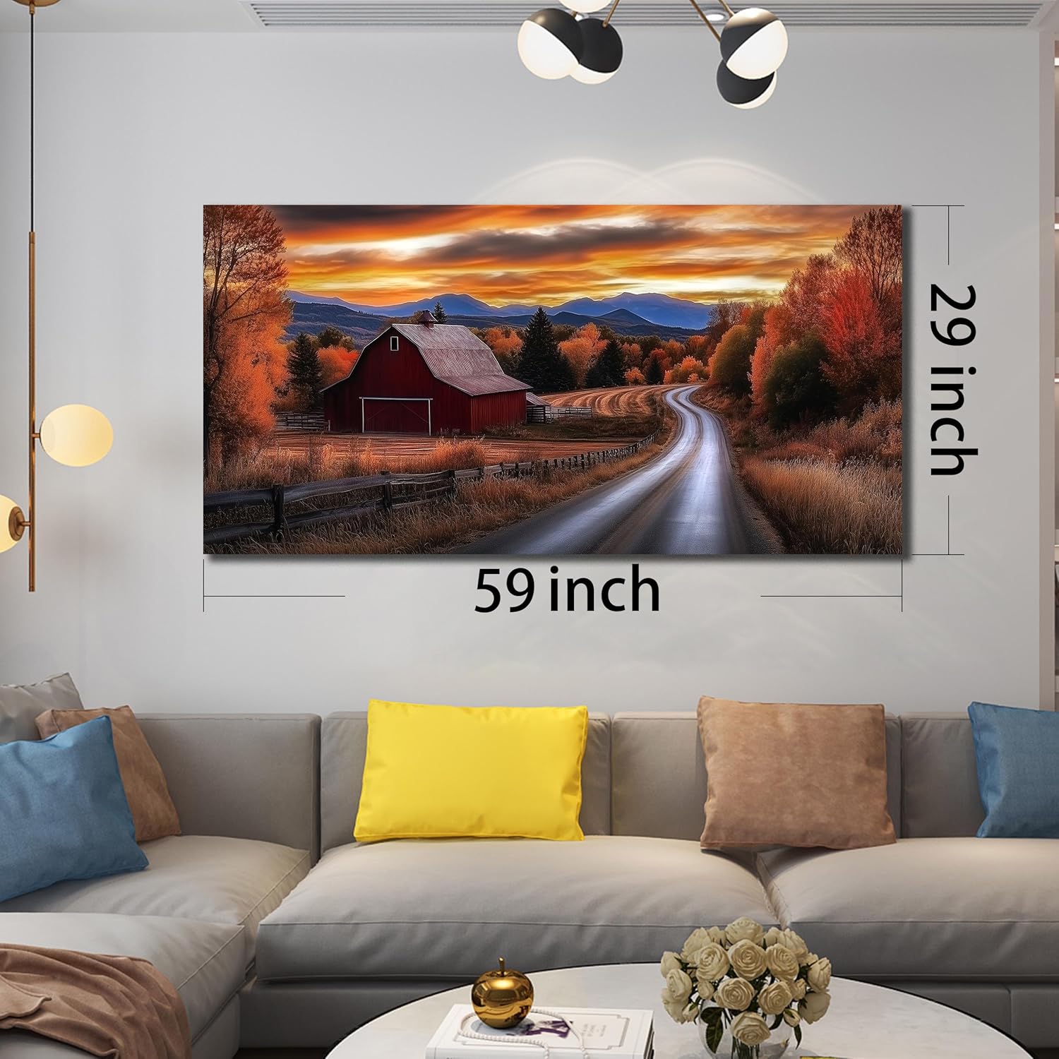 JuhaiArt Large Natural Wall Art Landscape Canvas Decor Fall Canvas Picture for Living Room Bedroom Red Barn Farmhouse Artwork 29" x 59"